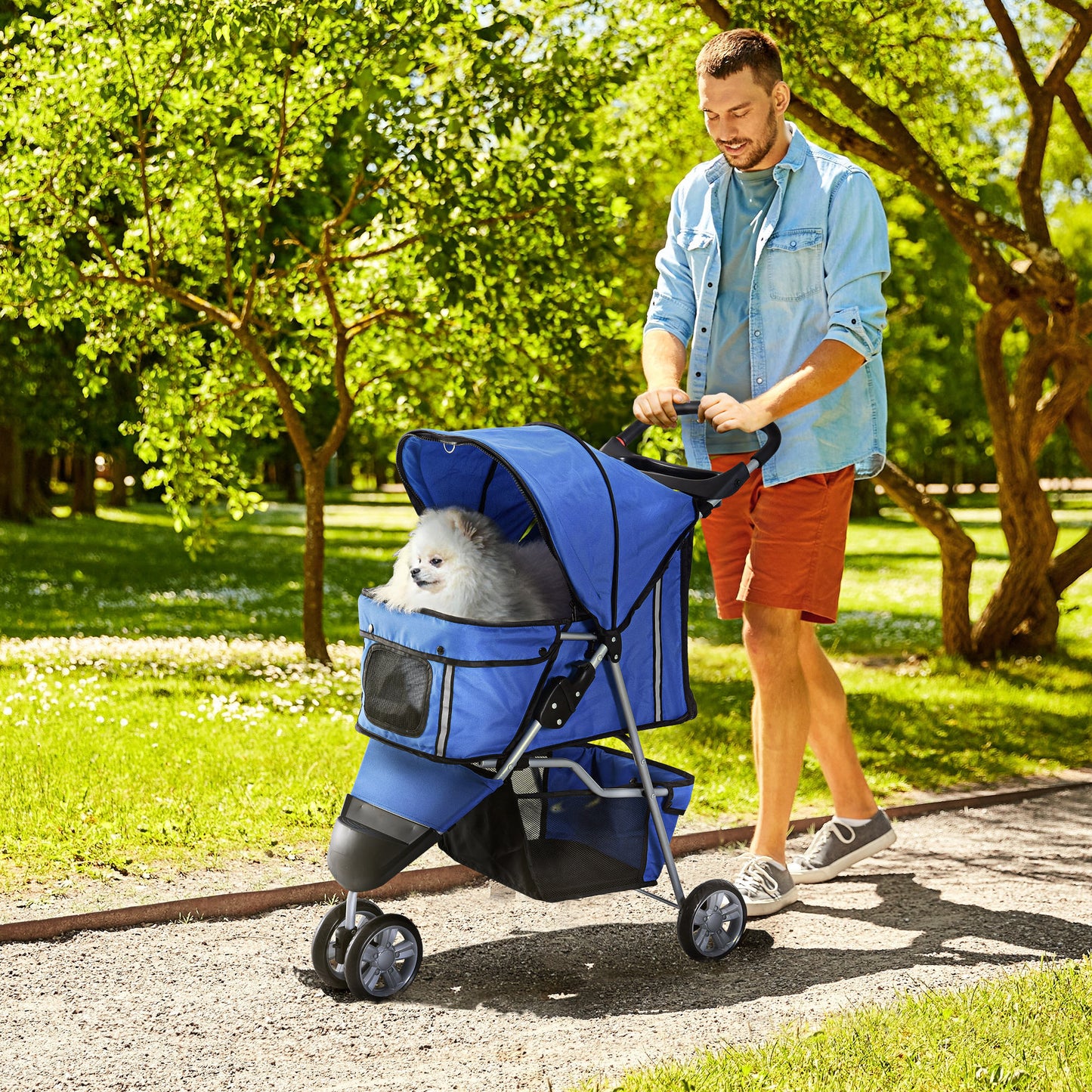 PawHut Carrito para Perros Plegable Cochecito para Mascotas Carrito para Perros Pequeños con Cesta de Almacenaje Ventanas de Malla y 2 Ruedas Universales 75x45x97 cm Azul