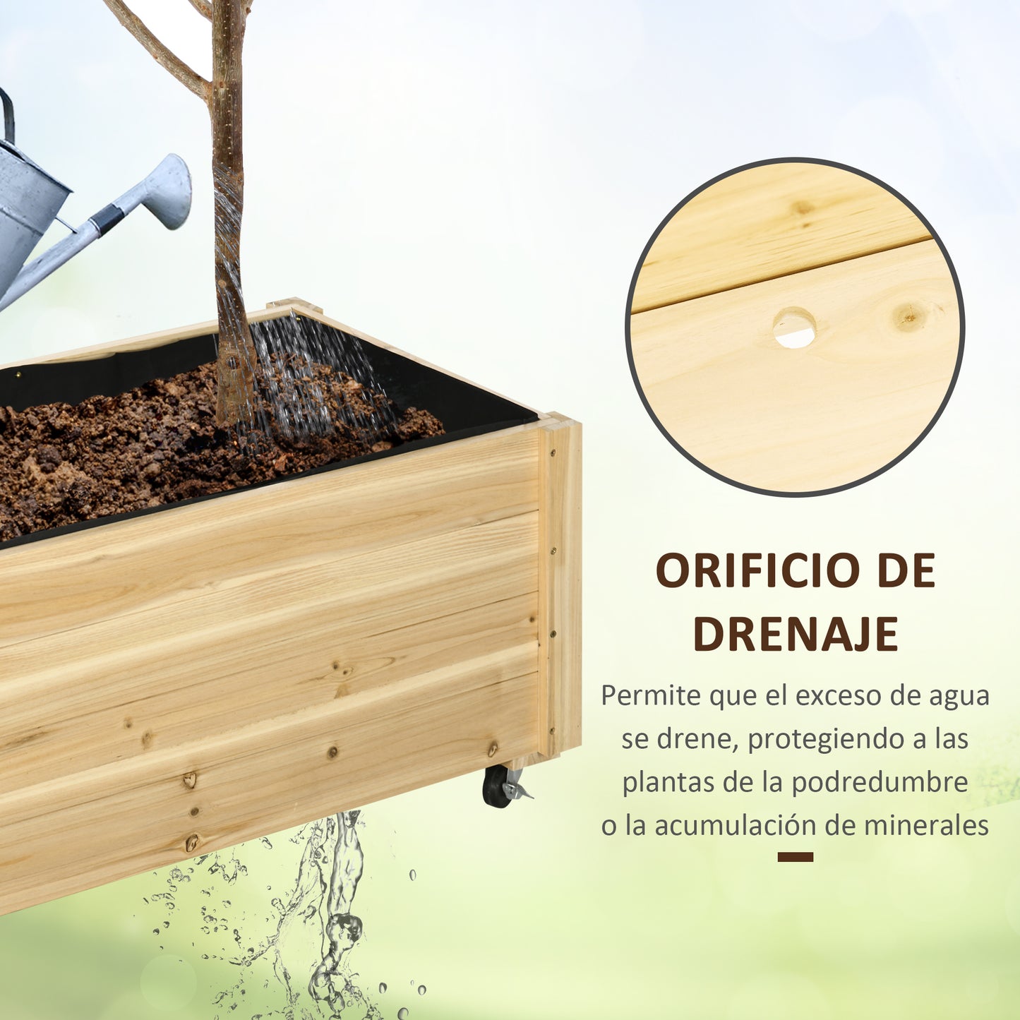 Outsunny Jardinera de Madera con Ruedas Macetero de Jardín Jardinera de Cultivo con Orificios de Drenaje y Tela no Tejida para Cultivo Flores Plantas en Exterior Balcón Terraza 89x48x47 cm Natural