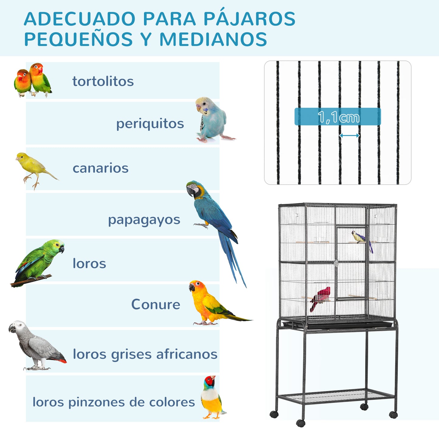 PawHut Jaula para Pájaros con Ruedas 81x48x162,5 cm Pajarera Metálico con Bandeja 4 Perchas 4 Comederos y Estante de Almacenamiento para Periquitos Canarios Negro y Gris