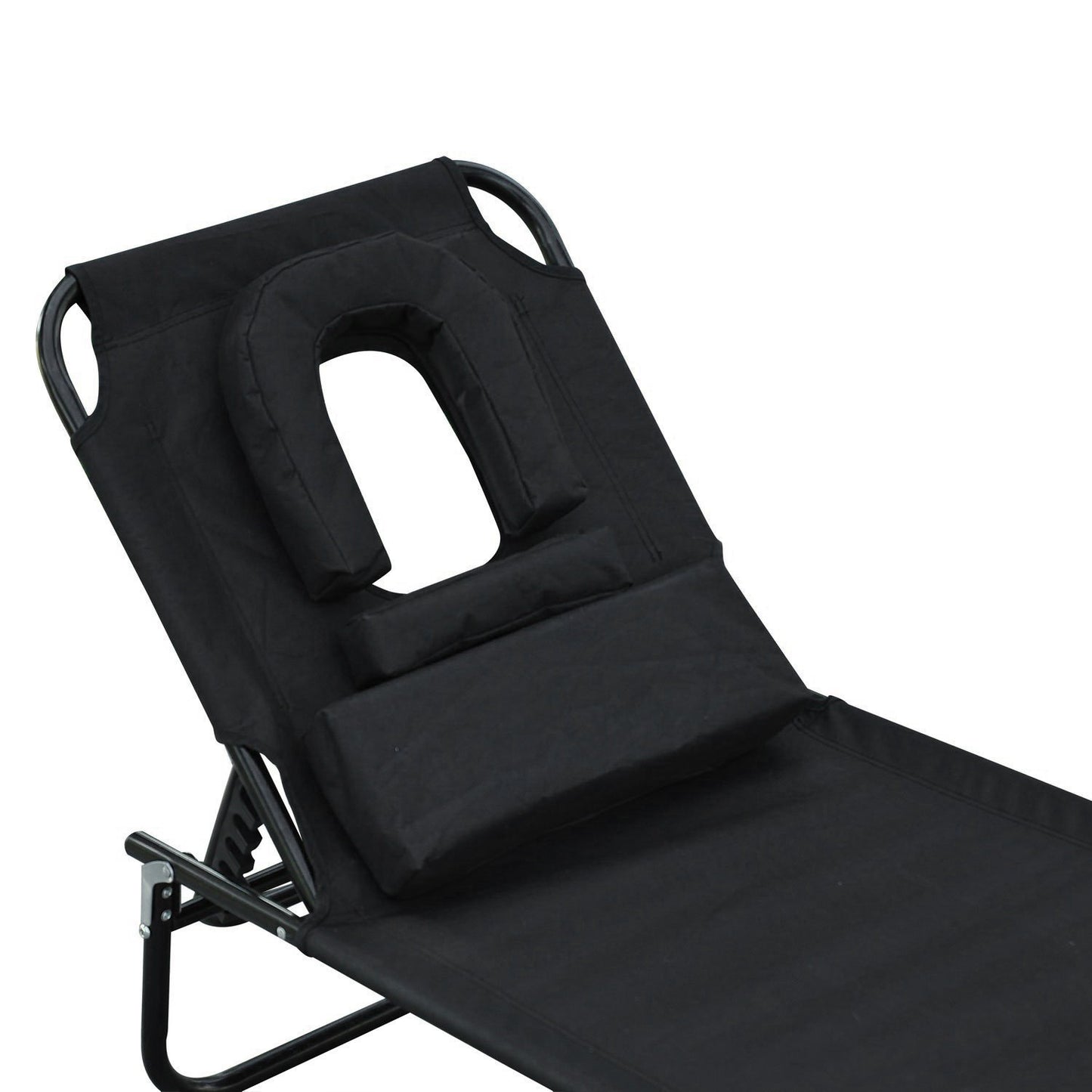 Outsunny Tumbona Plegable Tumbona de Jardín con Respaldo Ajustable en 4 Niveles Almohada Orificio de Lectura y Marco de Acero para Camping Playa Terraza 190x56x28 cm Negro