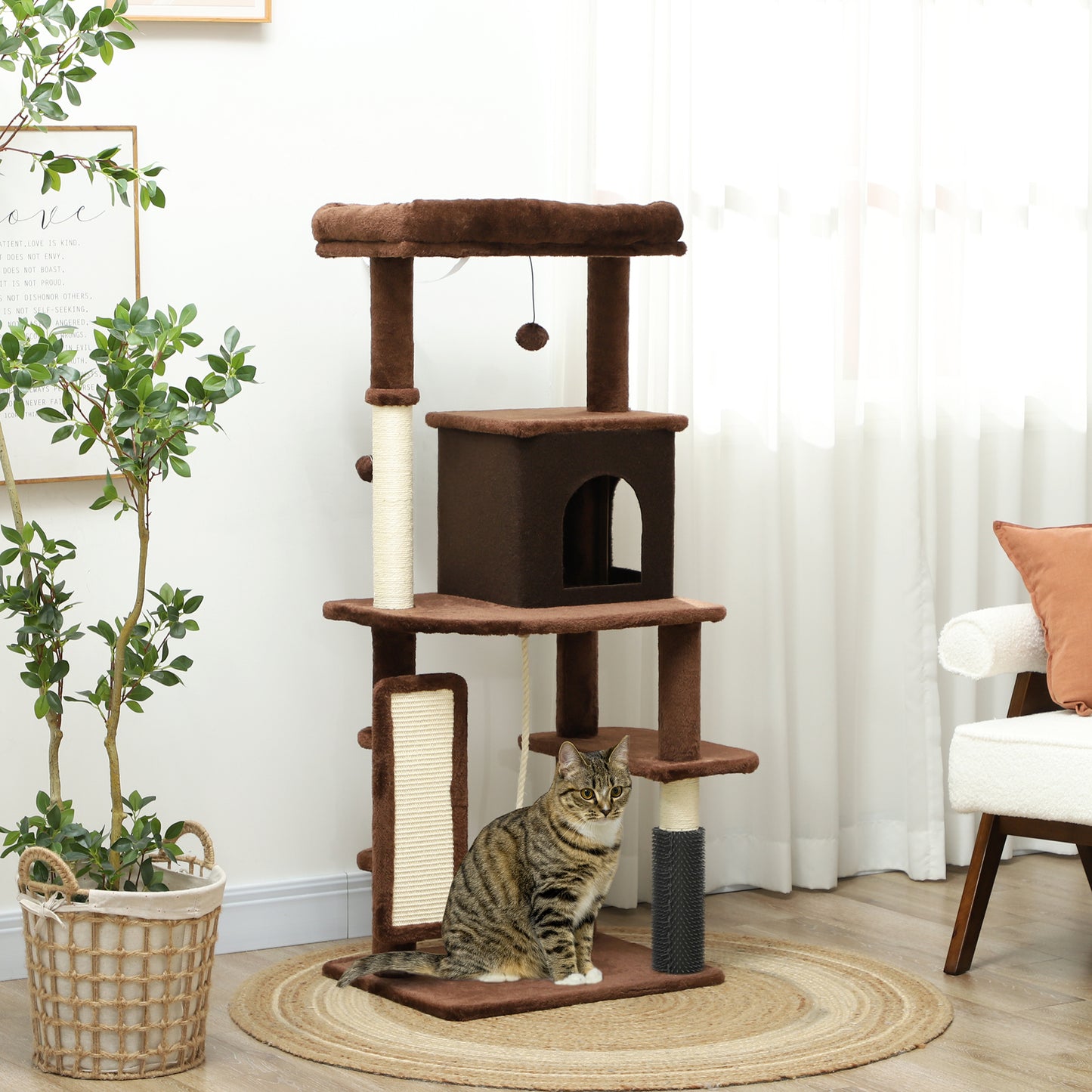 PawHut Árbol Rascador para Gatos Altura 132 cm Árbol para Gatos Torre para Gatos con Plataformas Poste con Cepillo Bolas Colgantes y Almohadilla para Rascar Marrón