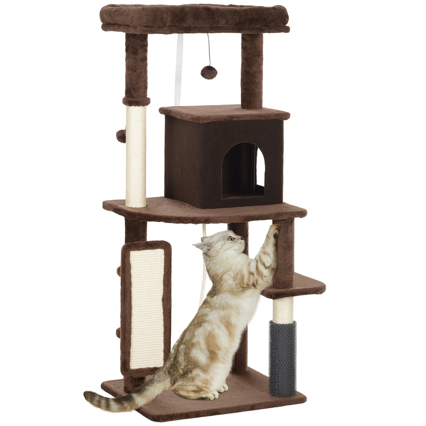 PawHut Árbol Rascador para Gatos Altura 132 cm Árbol para Gatos Torre para Gatos con Plataformas Poste con Cepillo Bolas Colgantes y Almohadilla para Rascar Marrón