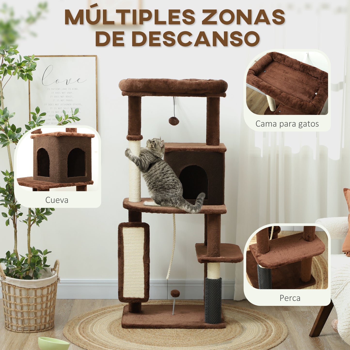 PawHut Árbol Rascador para Gatos Altura 132 cm Árbol para Gatos Torre para Gatos con Plataformas Poste con Cepillo Bolas Colgantes y Almohadilla para Rascar Marrón