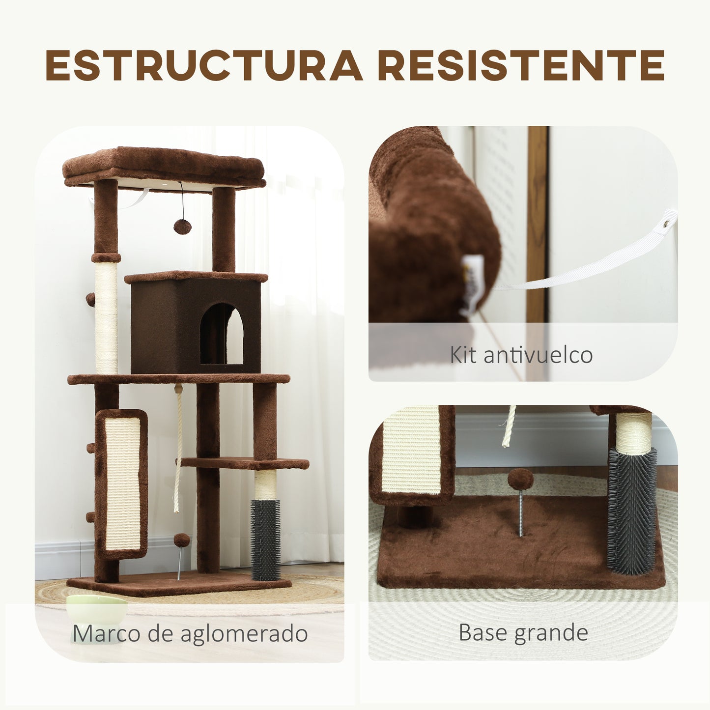 PawHut Árbol Rascador para Gatos Altura 132 cm Árbol para Gatos Torre para Gatos con Plataformas Poste con Cepillo Bolas Colgantes y Almohadilla para Rascar Marrón