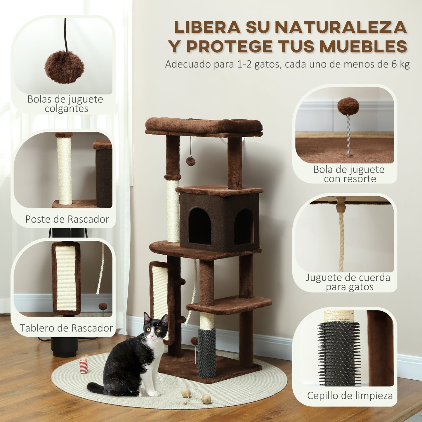 PawHut Árbol Rascador para Gatos Altura 132 cm Árbol para Gatos Torre para Gatos con Plataformas Poste con Cepillo Bolas Colgantes y Almohadilla para Rascar Marrón