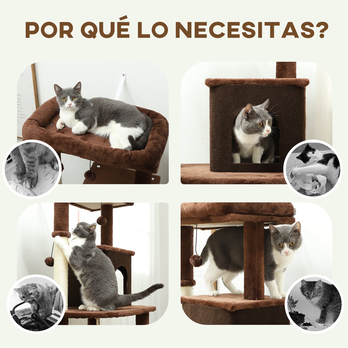 PawHut Árbol Rascador para Gatos Altura 132 cm Árbol para Gatos Torre para Gatos con Plataformas Poste con Cepillo Bolas Colgantes y Almohadilla para Rascar Marrón