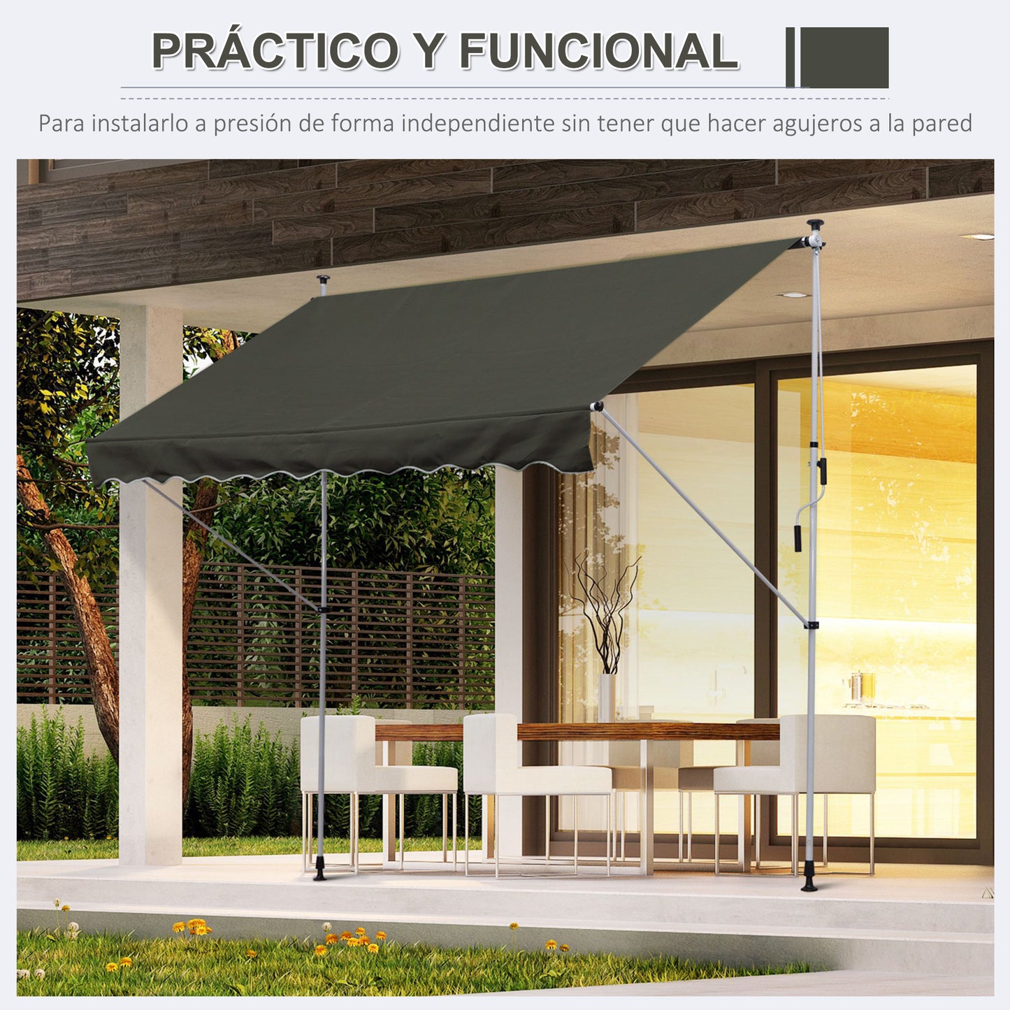 Outsunny Toldo Manual Retráctil 300x150x170-280 cm Toldo para Balcón con Altura Ajustable Manivela y Protección Solar para Terraza Jardín Gris