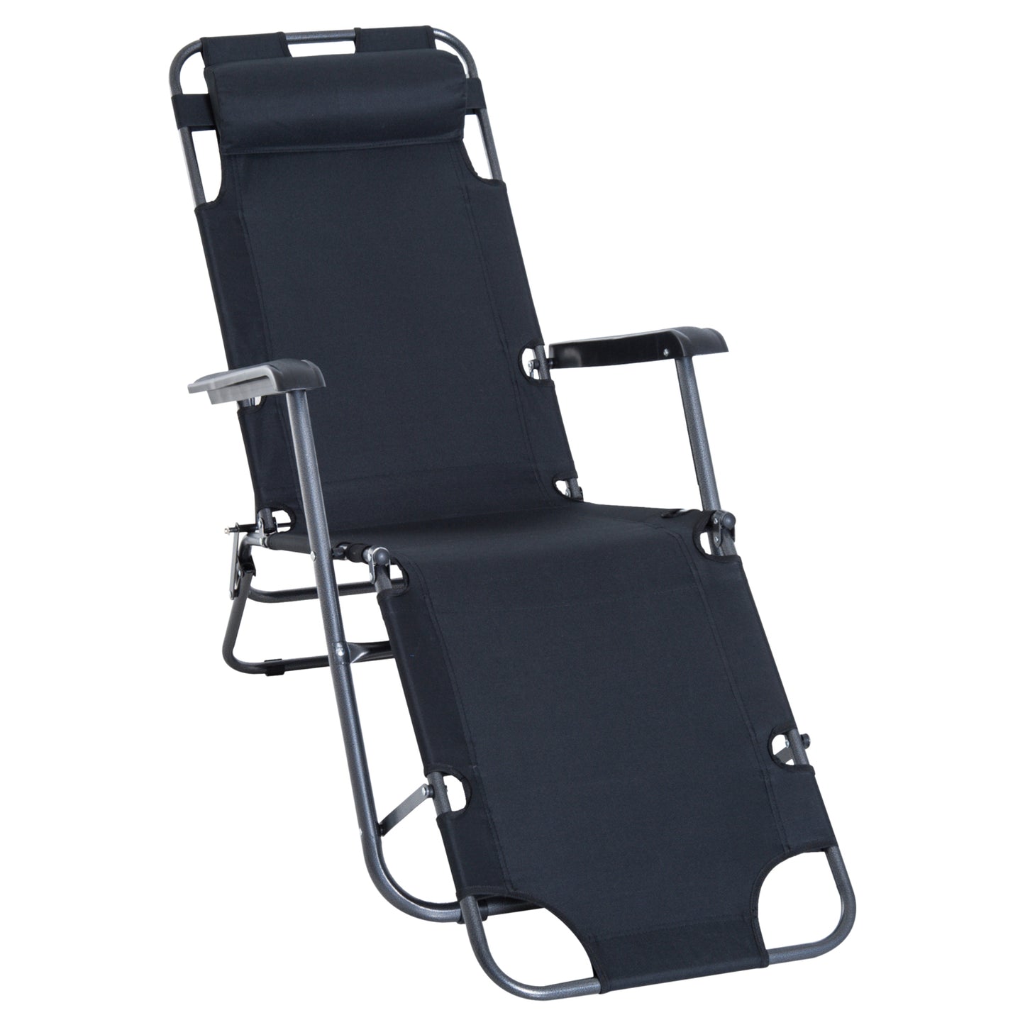 Outsunny Tumbona Reclinable y Plegable Silla de Playa Tumbona Relax Plegable con Respaldo Ajustable Reposabrazos Almohada y Reposapiés para Jardín Balcón Carga 136 kg 135x60x89 cm Negro