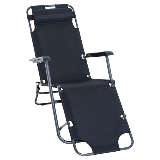 Outsunny Tumbona Reclinable y Plegable Silla de Playa Tumbona Relax Plegable con Respaldo Ajustable Reposabrazos Almohada y Reposapiés para Jardín Balcón Carga 136 kg 135x60x89 cm Negro