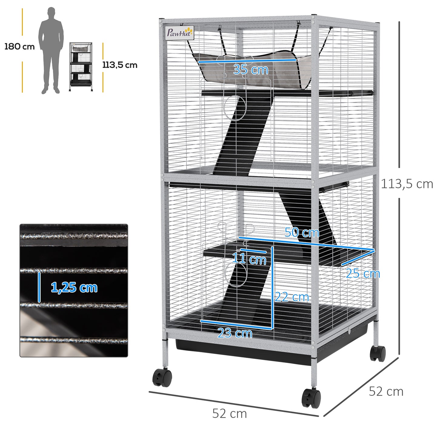 PawHut Jaula para Animales Pequeños de 4 Niveles Jaula para Roedores con Ruedas 2 Puertas 3 Rampas Hamaca Colgante y Bandeja Extraíble para Chinchillas 52x52x113,5 cm Blanco