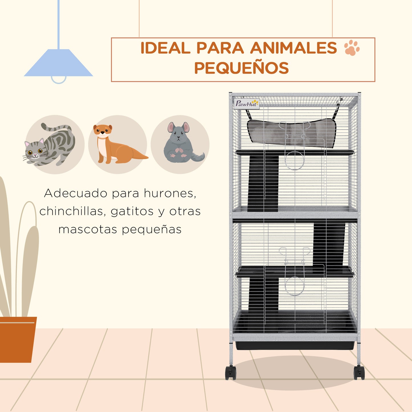 PawHut Jaula para Animales Pequeños de 4 Niveles Jaula para Roedores con Ruedas 2 Puertas 3 Rampas Hamaca Colgante y Bandeja Extraíble para Chinchillas 52x52x113,5 cm Blanco