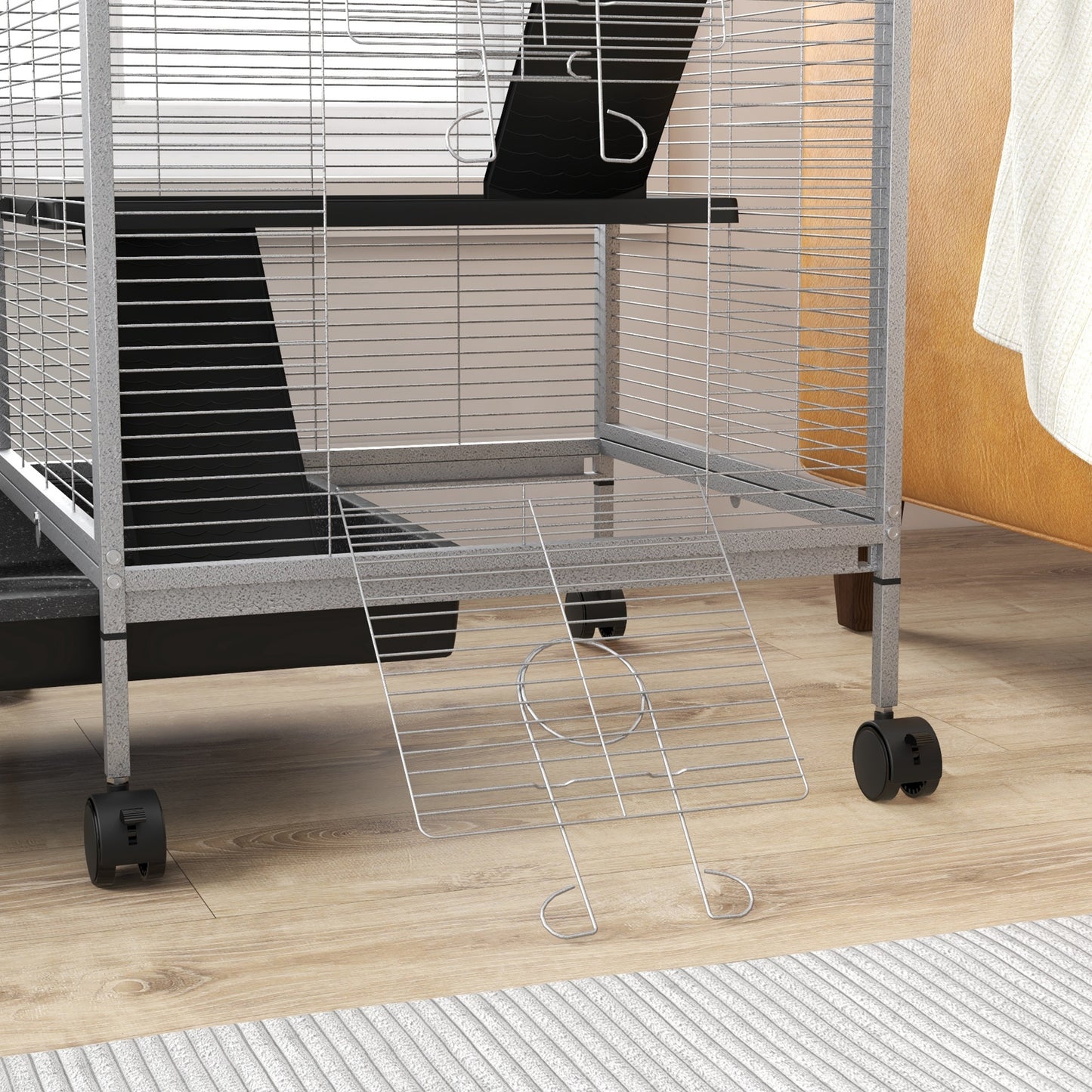 PawHut Jaula para Animales Pequeños de 4 Niveles Jaula para Roedores con Ruedas 2 Puertas 3 Rampas Hamaca Colgante y Bandeja Extraíble para Chinchillas 52x52x113,5 cm Blanco