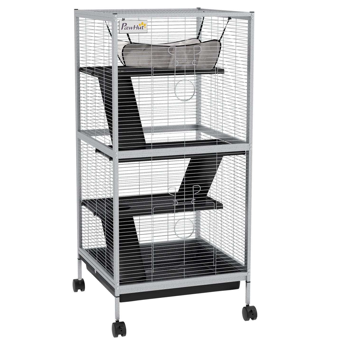 PawHut Jaula para Animales Pequeños de 4 Niveles Jaula para Roedores con Ruedas 2 Puertas 3 Rampas Hamaca Colgante y Bandeja Extraíble para Chinchillas 52x52x113,5 cm Blanco