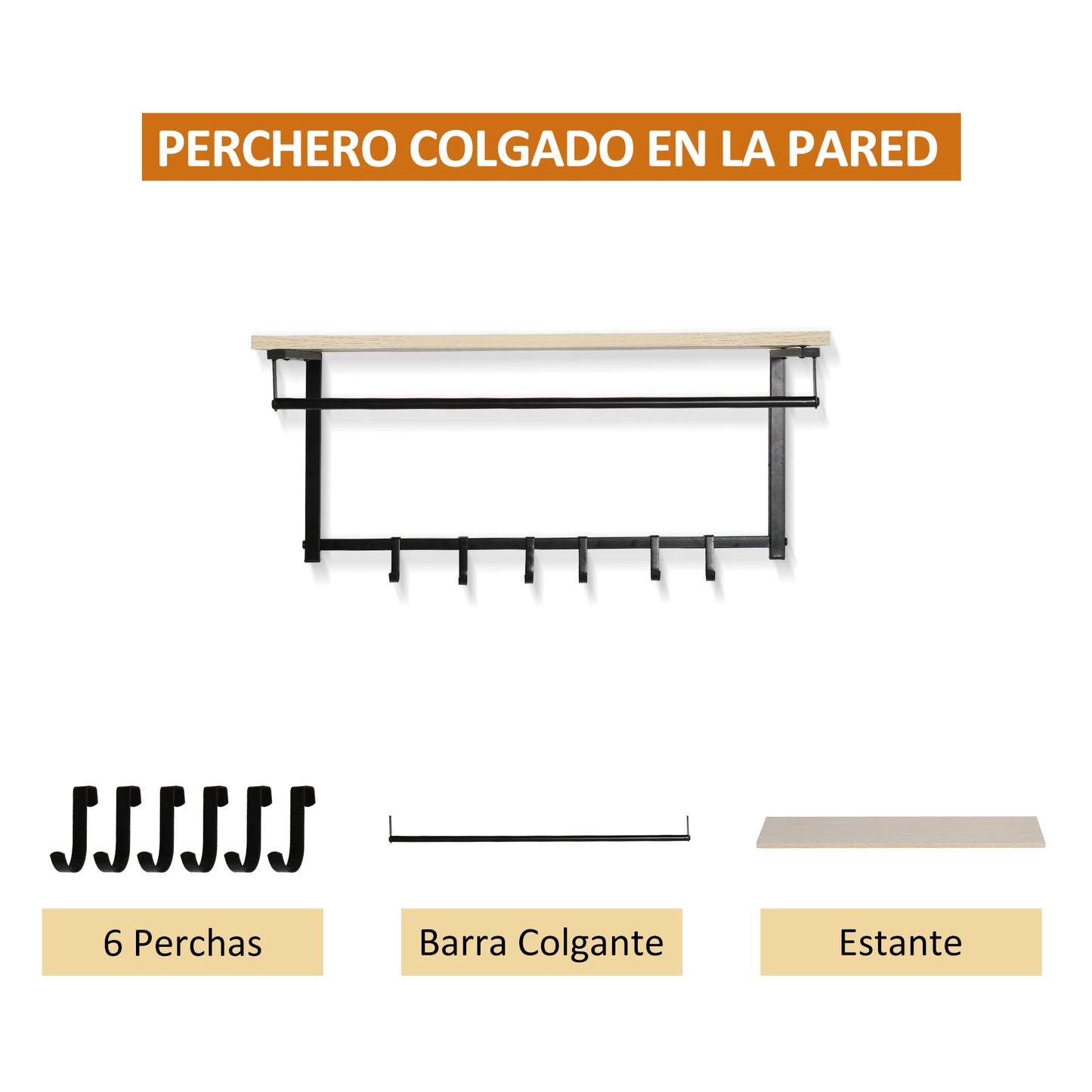 HOMCOM Mueble Recibidor Set de Zapatero y Perchero Montado en la Pared con 6 Ganchos y Plataforma para Entrada o Pasillo 75x30x45 cm Negro y Madera