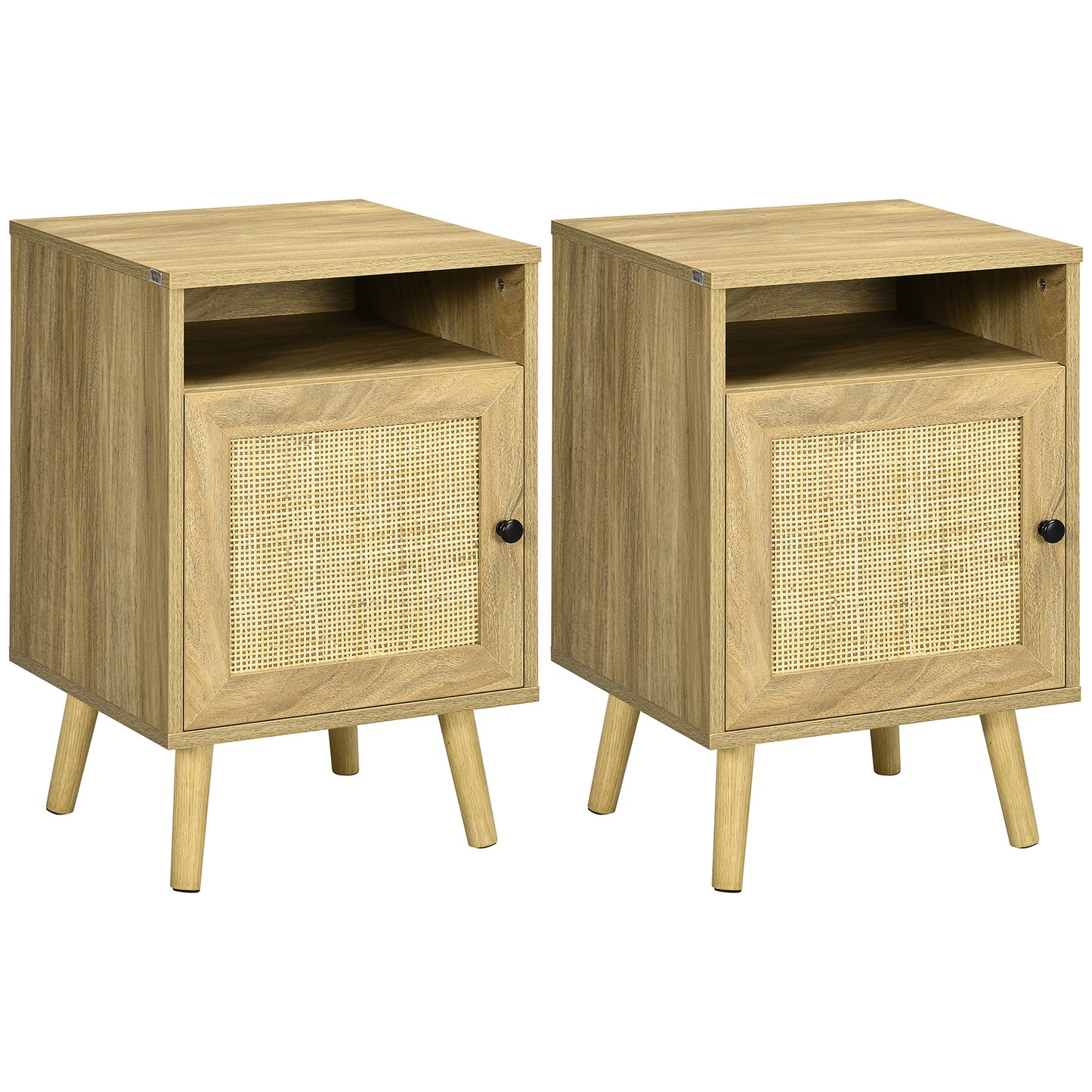 HOMCOM Conjunto de 2 Mesitas de Noche Mesillas de Noche con Puertas de Ratán Compartimientos Abiertos y Antivuelco Mesas Auxiliares para Dormitorio Salón 39x35x60 cm Natural