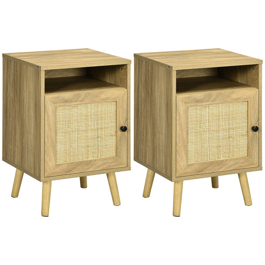 HOMCOM Conjunto de 2 Mesitas de Noche Mesillas de Noche con Puertas de Ratán Compartimientos Abiertos y Antivuelco Mesas Auxiliares para Dormitorio Salón 39x35x60 cm Natural