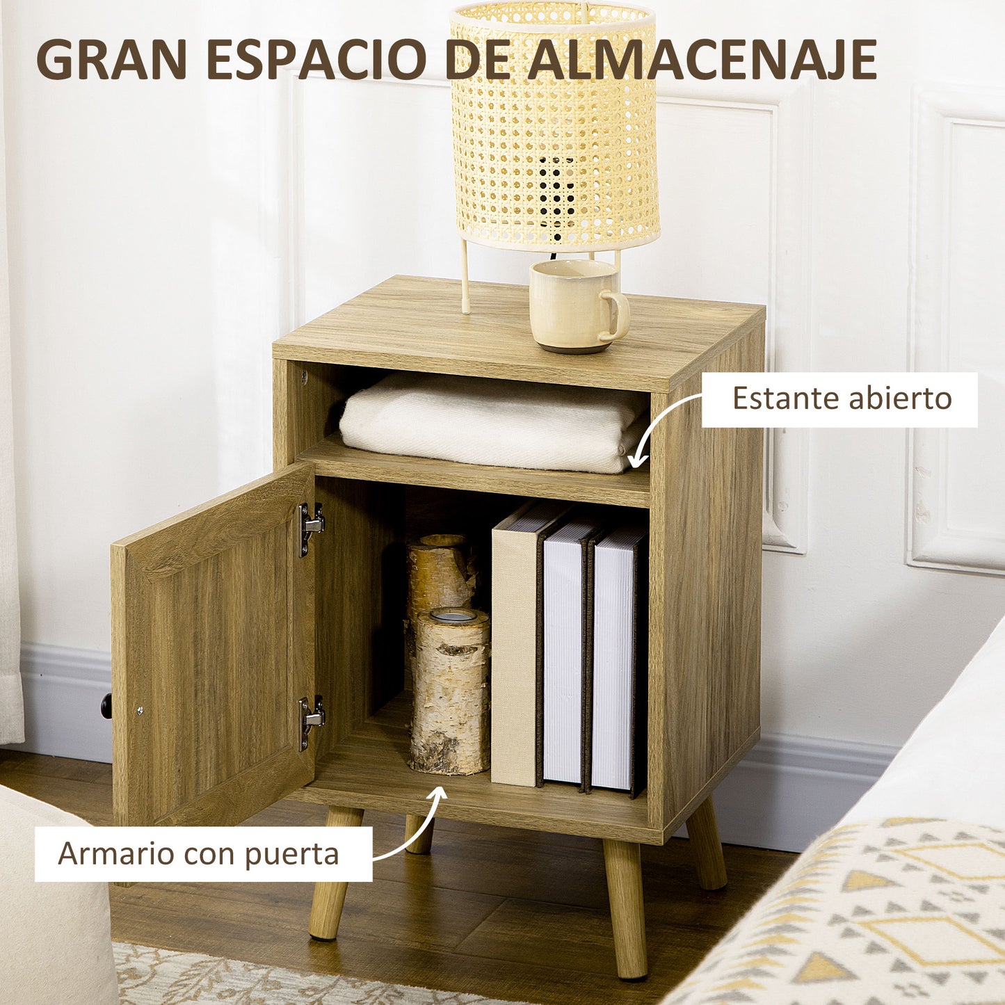 HOMCOM Conjunto de 2 Mesitas de Noche Mesillas de Noche con Puertas de Ratán Compartimientos Abiertos y Antivuelco Mesas Auxiliares para Dormitorio Salón 39x35x60 cm Natural