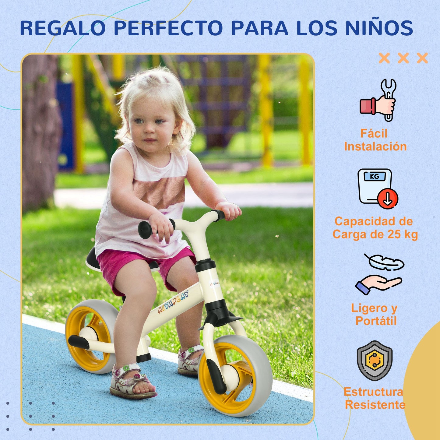 AIYAPLAY Bicicleta sin Pedales para Niños de 18-48 Meses Bicicleta de Equilibrio con Asiento Ajustable en Altura Carga 25 kg 66,5x34x47 cm Blanco y Naranja