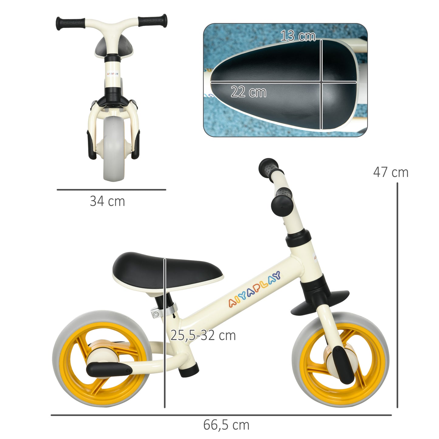 AIYAPLAY Bicicleta sin Pedales para Niños de 18-48 Meses Bicicleta de Equilibrio con Asiento Ajustable en Altura Carga 25 kg 66,5x34x47 cm Blanco y Naranja