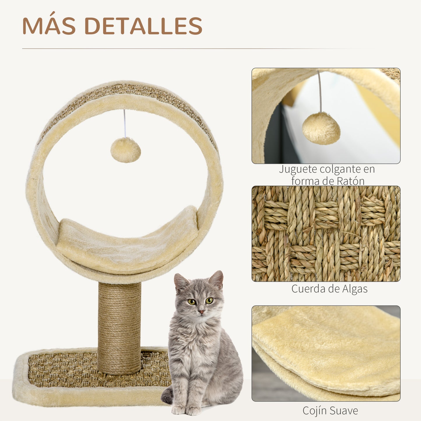 PawHut Árbol para Gatos 40x30x56 cm Ø32cm Torre de Rascado de Gato con Túnel Superior Poste Rascador de Yute Natural Cojín Extraíble y Juguete Colgante Beige