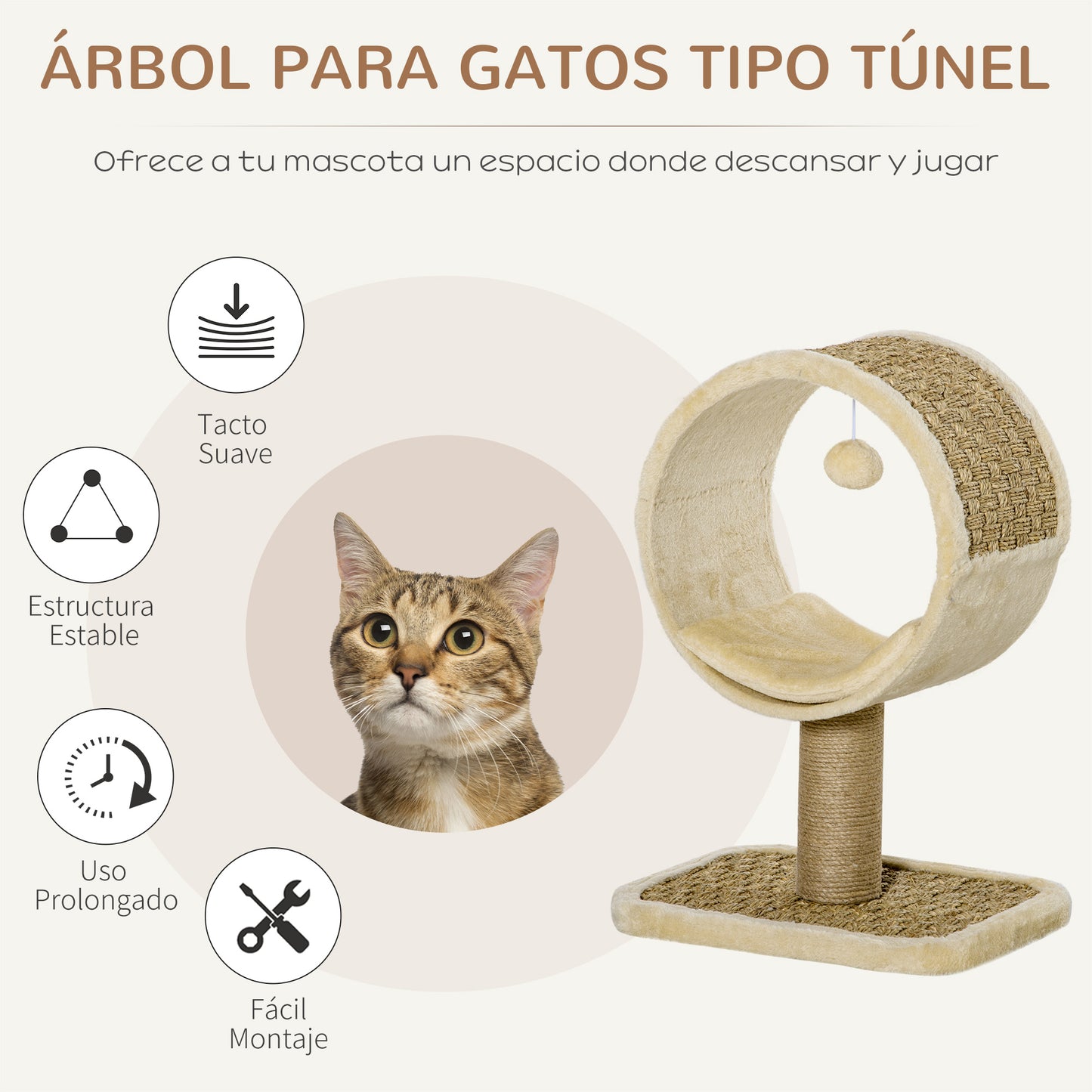 PawHut Árbol para Gatos 40x30x56 cm Ø32cm Torre de Rascado de Gato con Túnel Superior Poste Rascador de Yute Natural Cojín Extraíble y Juguete Colgante Beige