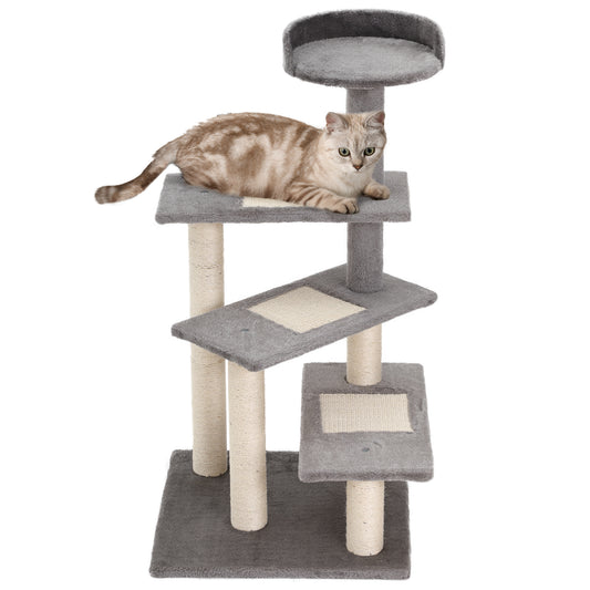 PawHut Árbol Rascador para Gatos 48,5x48,5x100 cm Centro de Actividad 3 Plataformas para Arañar Tablero Aglomerado Cubierta de Felpa Sisal Gris y Beige