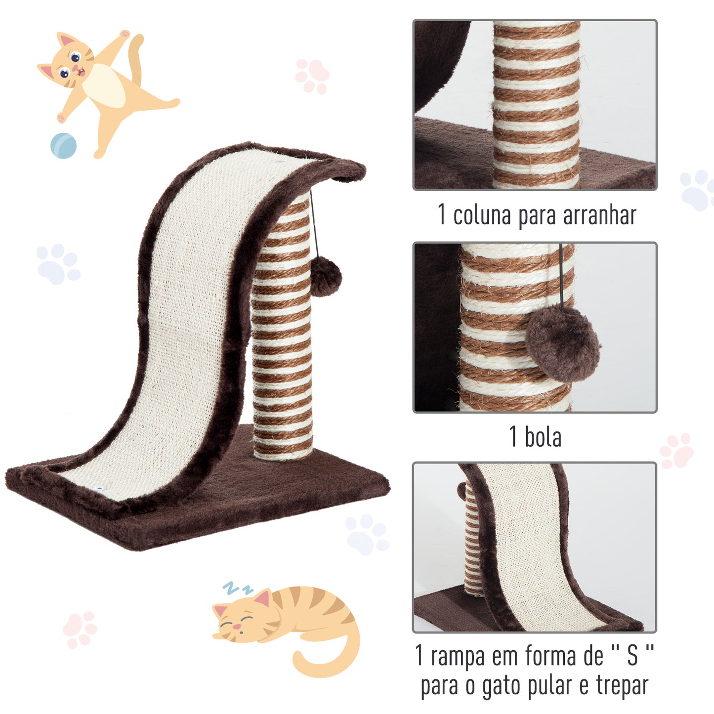 PawHut PawHut Árbol Rascador para Gatos tipo Centro de Juegos con Poste de Sisal Natural y Pelota para Jugar y Arañar 35x30x39cm Color Marrón