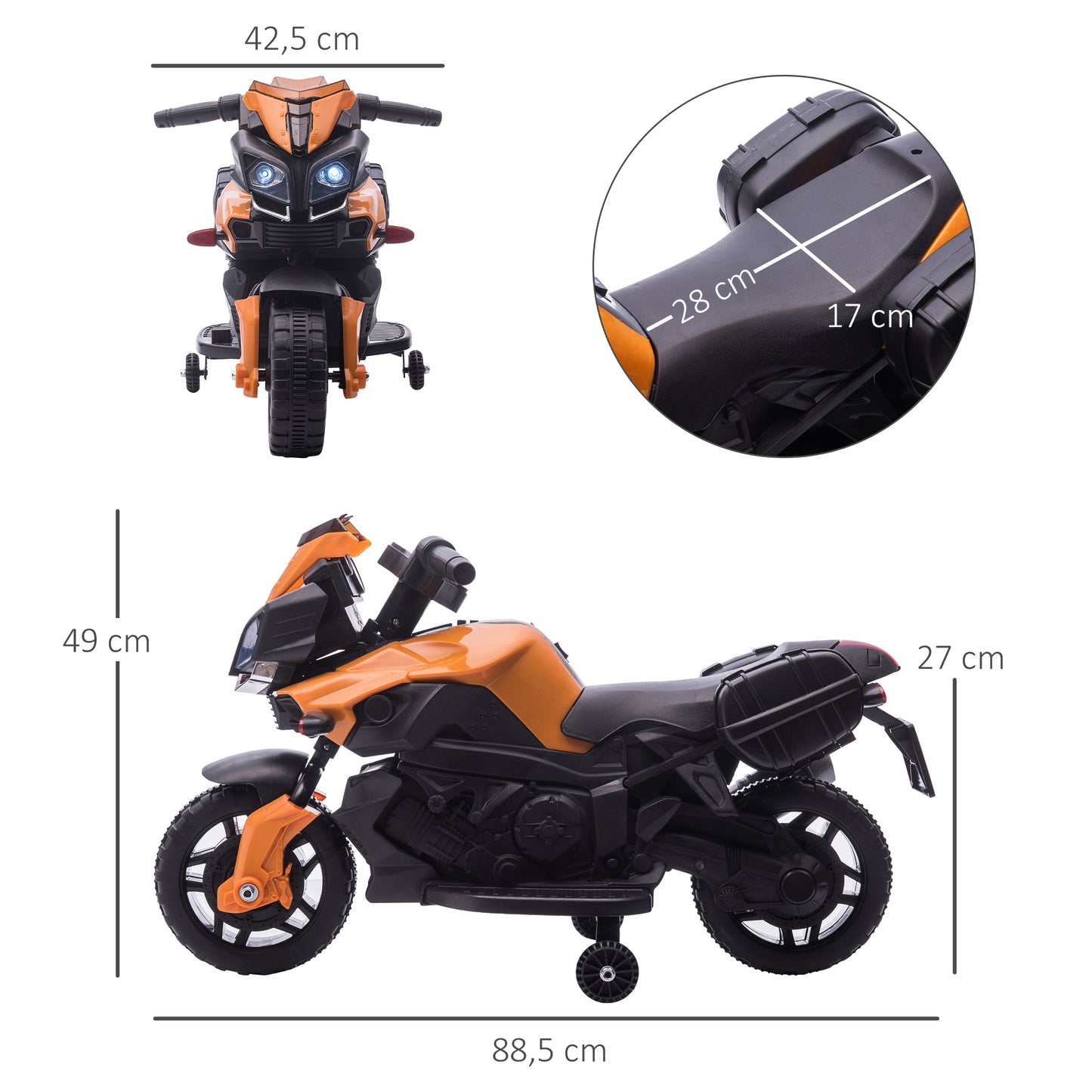 HOMCOM Moto Eléctrica para Niños de 18-48 Meses Motocicleta de Batería 6V con Faros Bocina 2 Ruedas de Equilibrio y Velocidad 3 km/h Carga 25 kg 88,5x42,5x49 cm Naranja