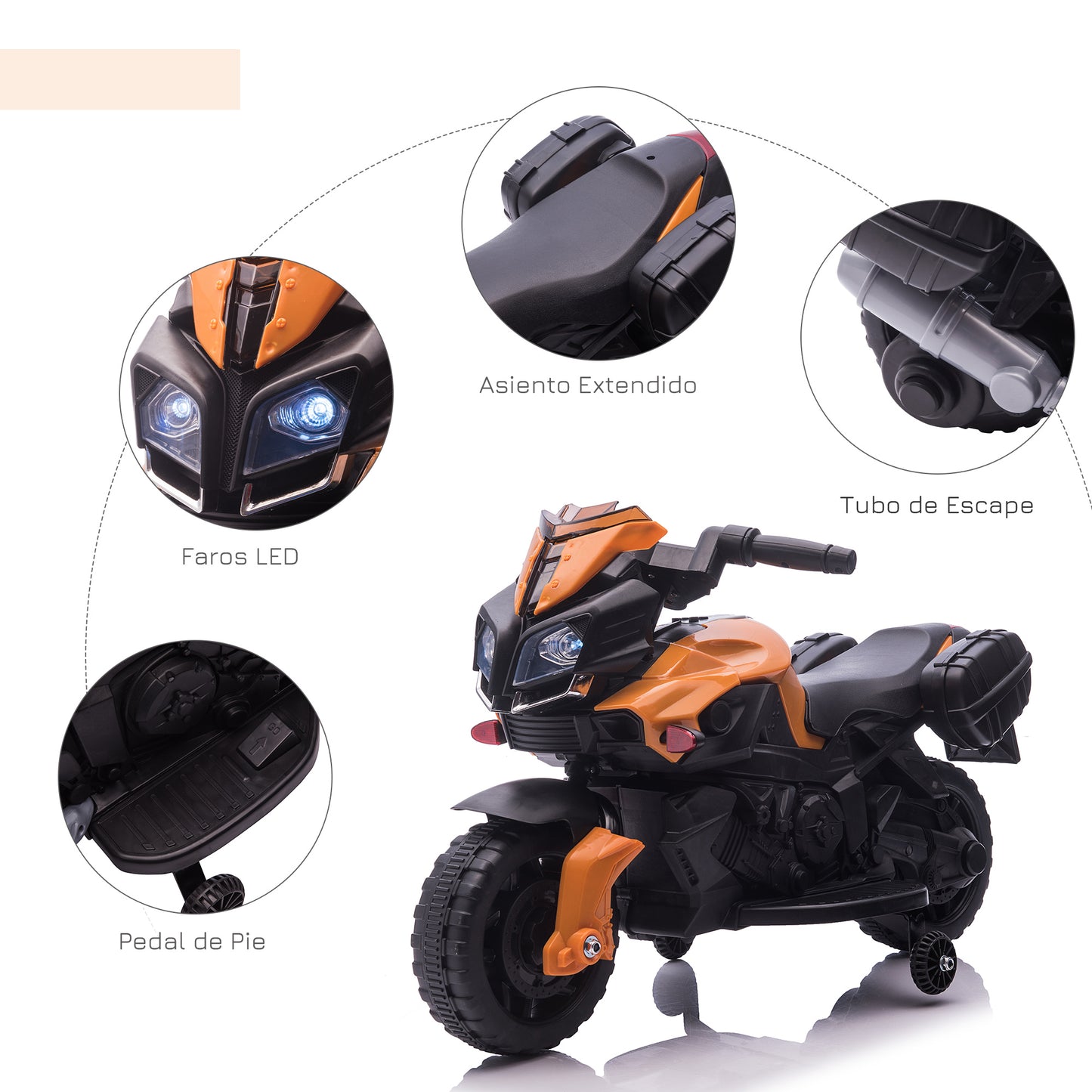 HOMCOM Moto Eléctrica para Niños de 18-48 Meses Motocicleta de Batería 6V con Faros Bocina 2 Ruedas de Equilibrio y Velocidad 3 km/h Carga 25 kg 88,5x42,5x49 cm Naranja