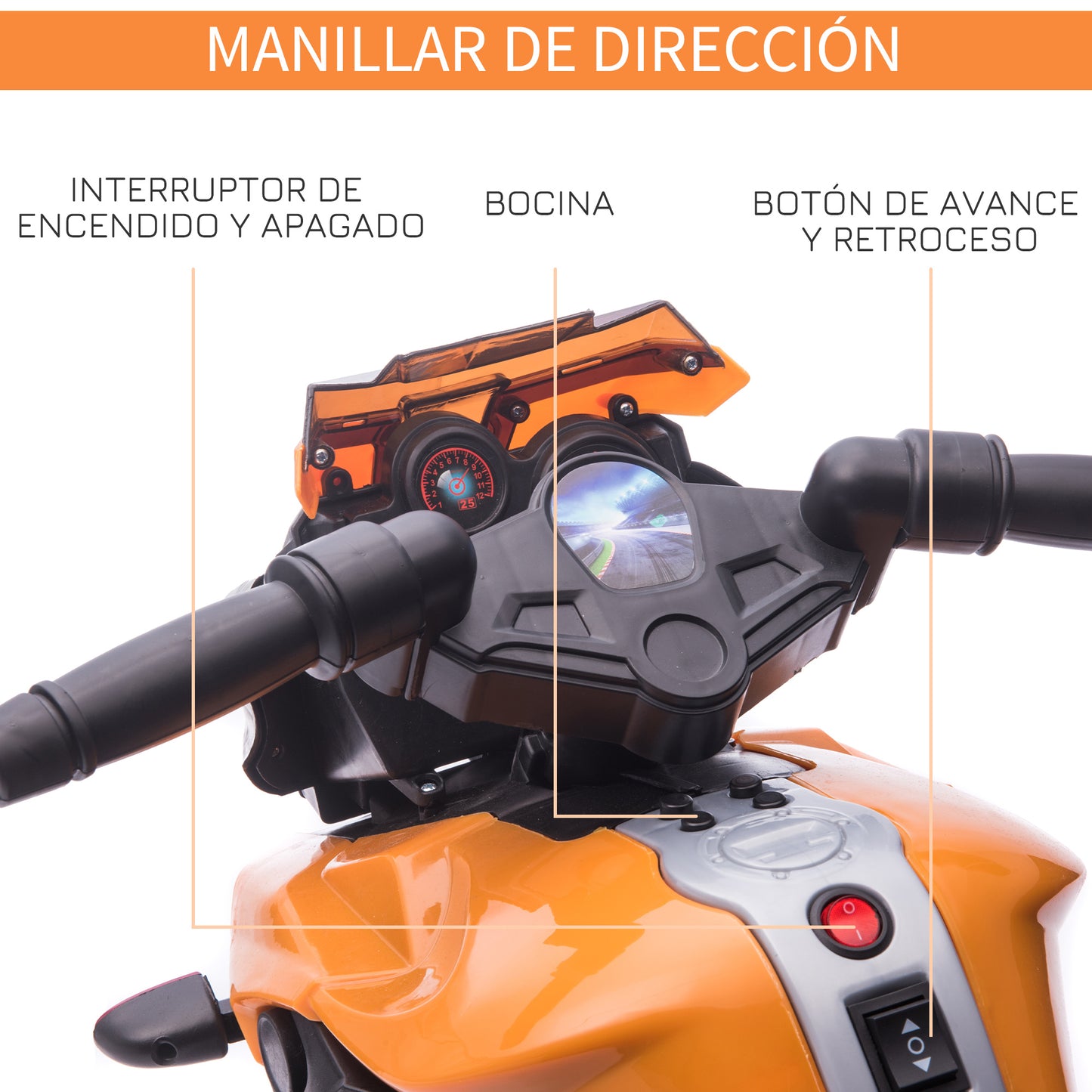 HOMCOM Moto Eléctrica para Niños de 18-48 Meses Motocicleta de Batería 6V con Faros Bocina 2 Ruedas de Equilibrio y Velocidad 3 km/h Carga 25 kg 88,5x42,5x49 cm Naranja