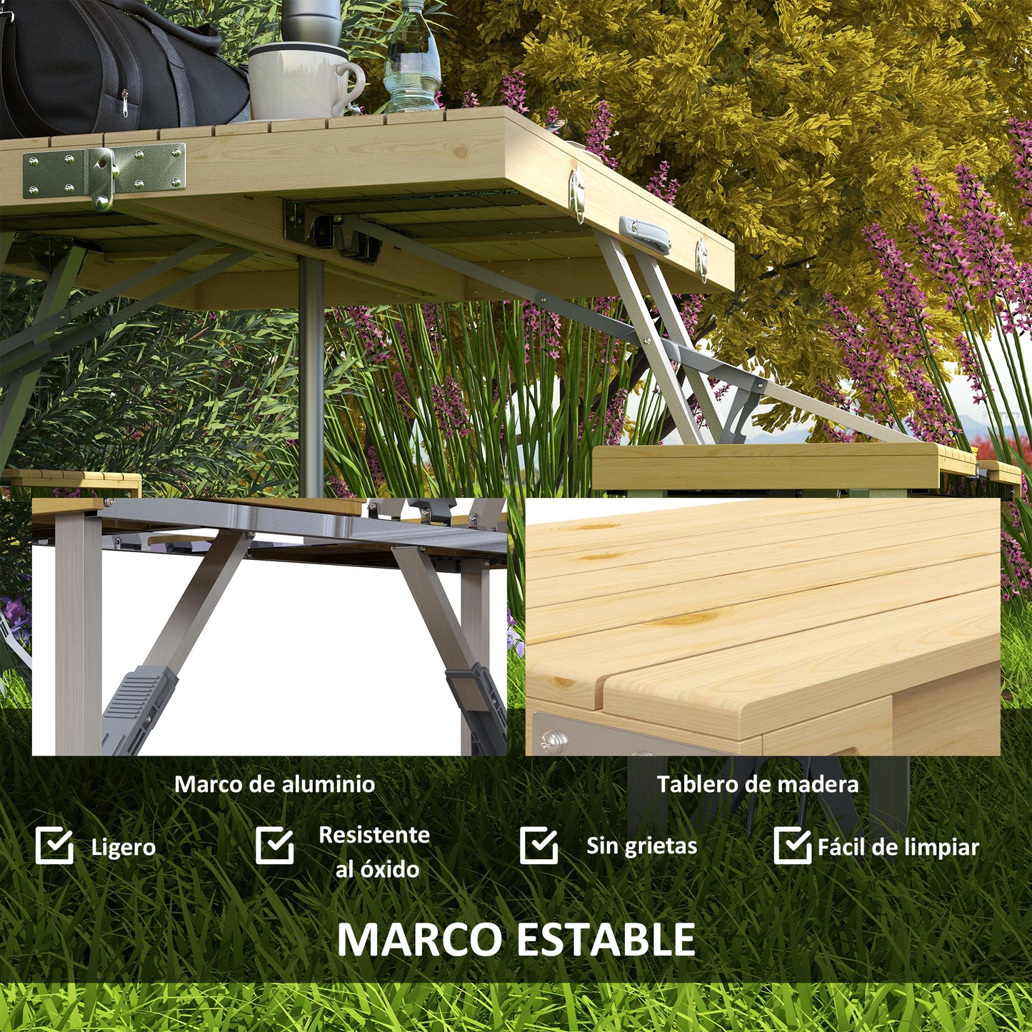 Outsunny Mesa de Camping Plegable 86x72,5x67 cm Mesa de Playa con Asientos Orificio para Sombrilla y Marco de Aluminio para Patio Jardín Terraza Natural