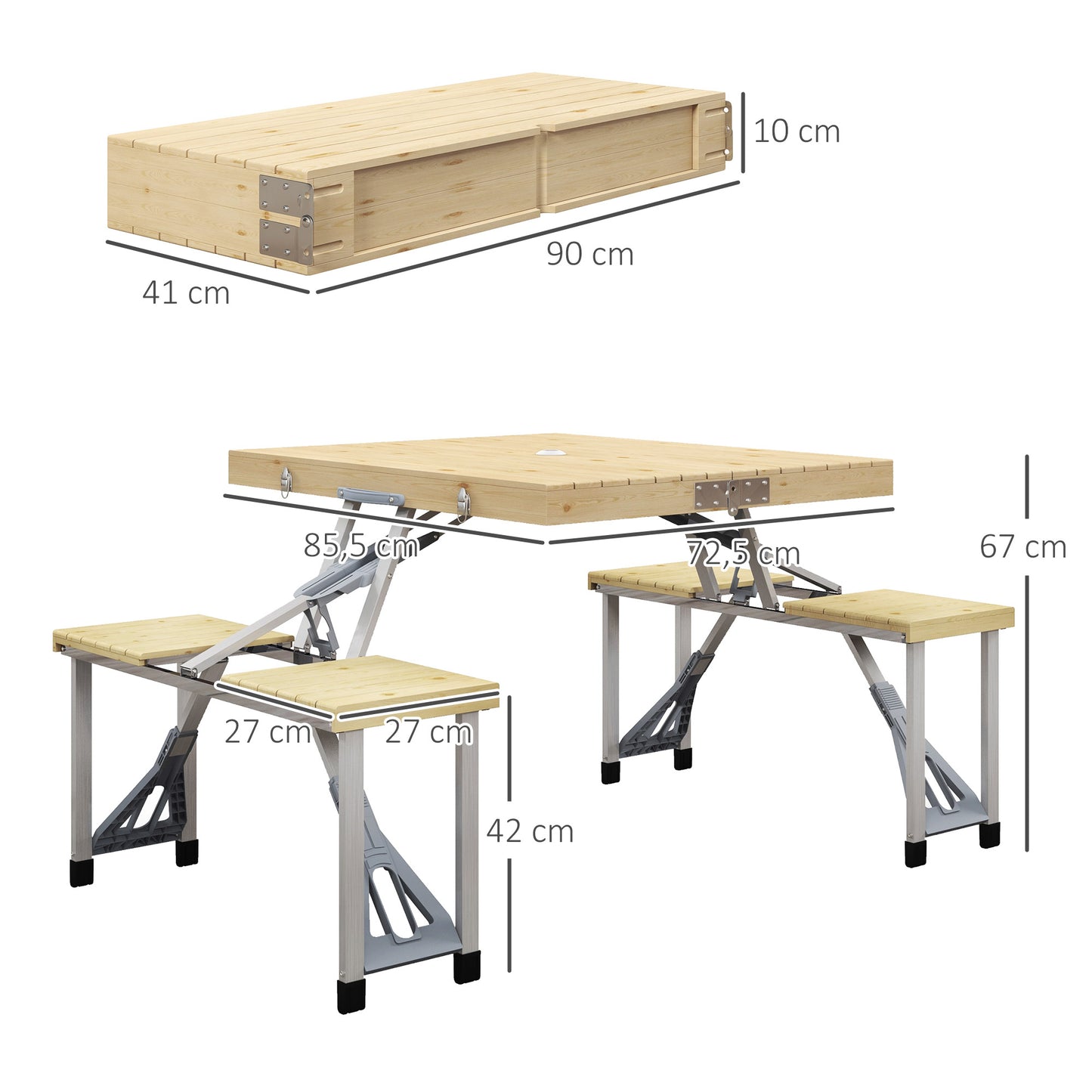 Outsunny Mesa de Camping Plegable 86x72,5x67 cm Mesa de Playa con Asientos Orificio para Sombrilla y Marco de Aluminio para Patio Jardín Terraza Natural