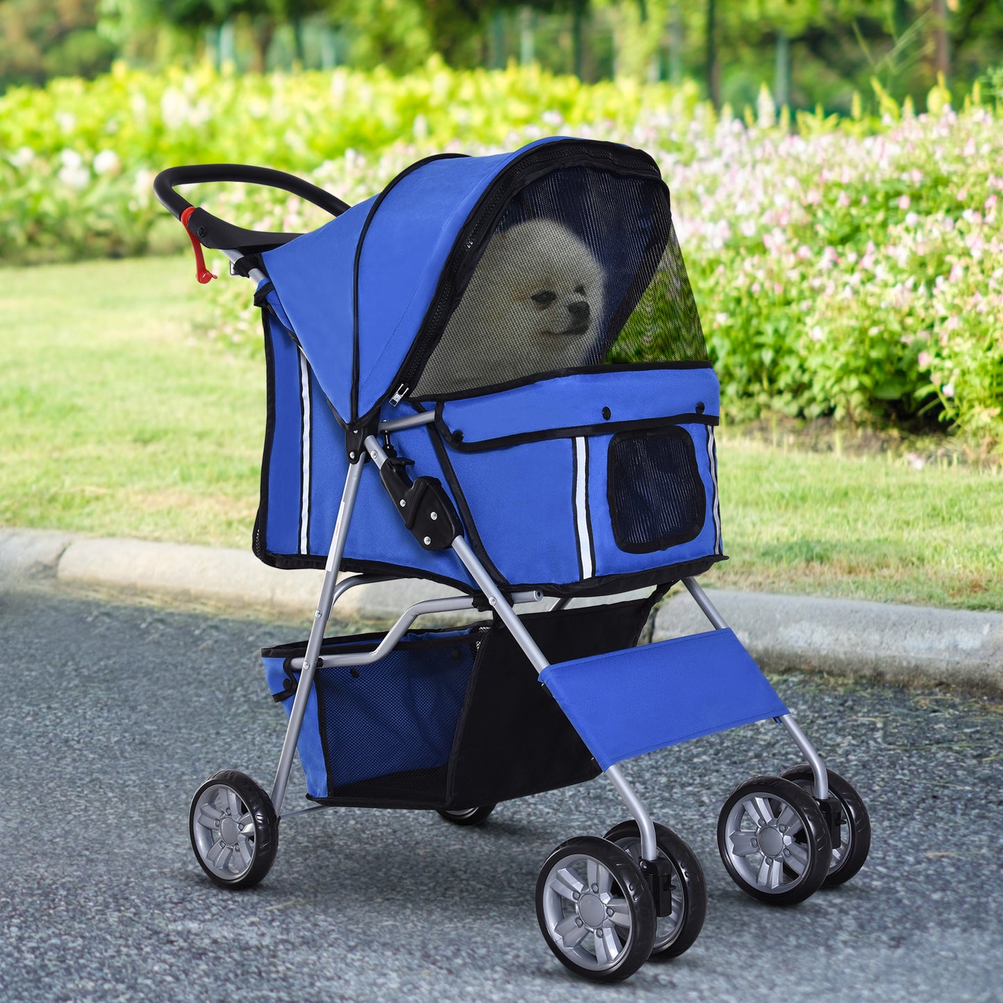 PawHut Carrito para Perros Plegable Cochecito para Mascotas Carrito para Perros Pequeños con Toldo Ajustable Cesta de Almacenaje Ventanas de Malla Portavasos y 2 Ruedas 75x45x97 cm Azul