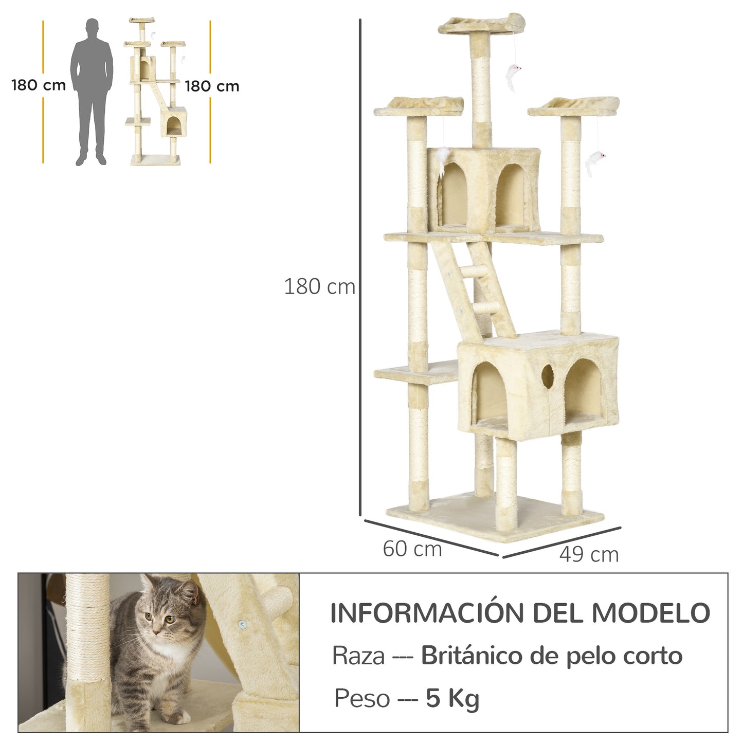 PawHut Rascador Árbol para Gatos Grande 60x50x181 cm con Poste de Arañar Múltiples Plataformas Escaleras Cuevas Juguetes Centro de Actividades Beige