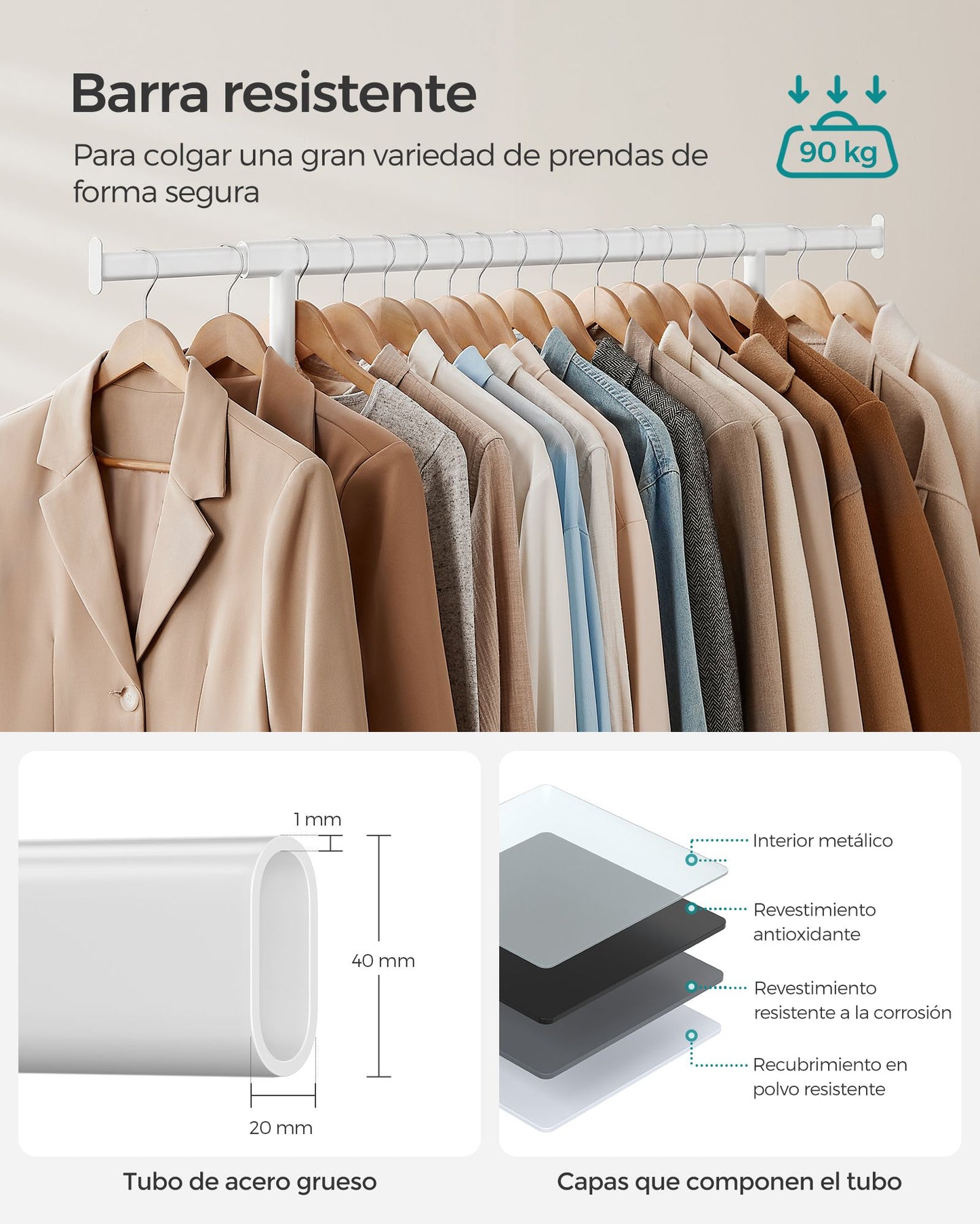 Burro Ropa con Ruedas Portátil Blanco Clásico-SONGMICS