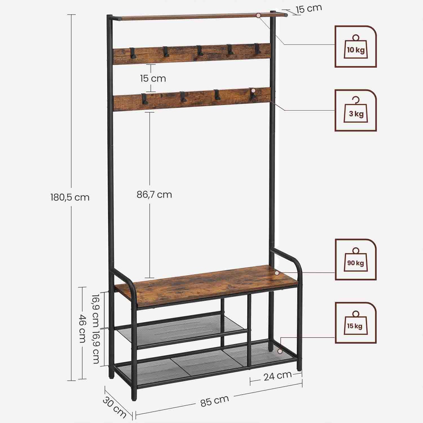 Perchero con Zapatero 30 x 85 x 180,5 cm Industrial-VASAGLE