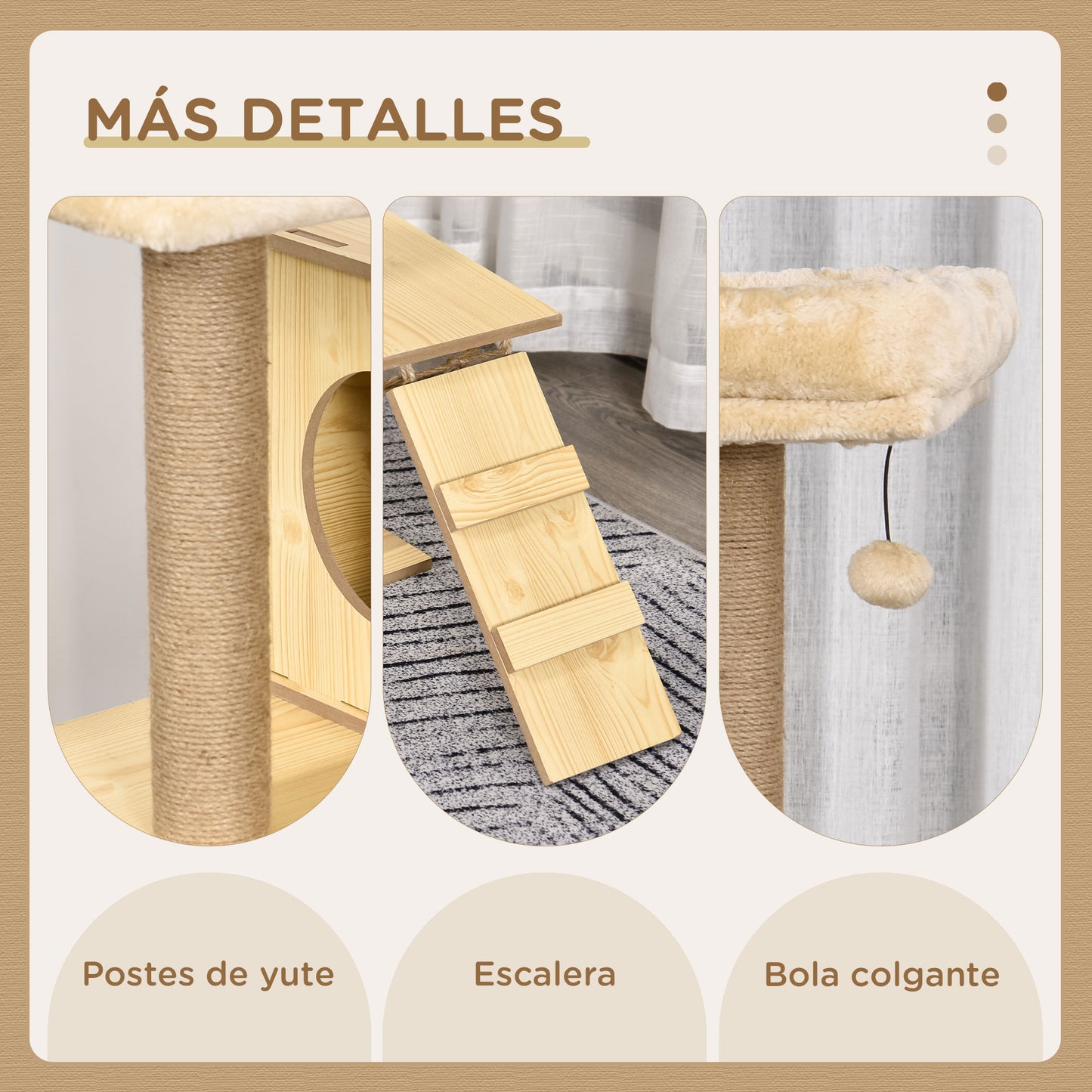 PawHut Árbol Rascador para Gatos Altura 130 cm Torre para Gatos con Postes Rascadores de Yute 2 Camas Hamaca Cueva Bola Colgante y Rampa 60x40x130 cm Natural