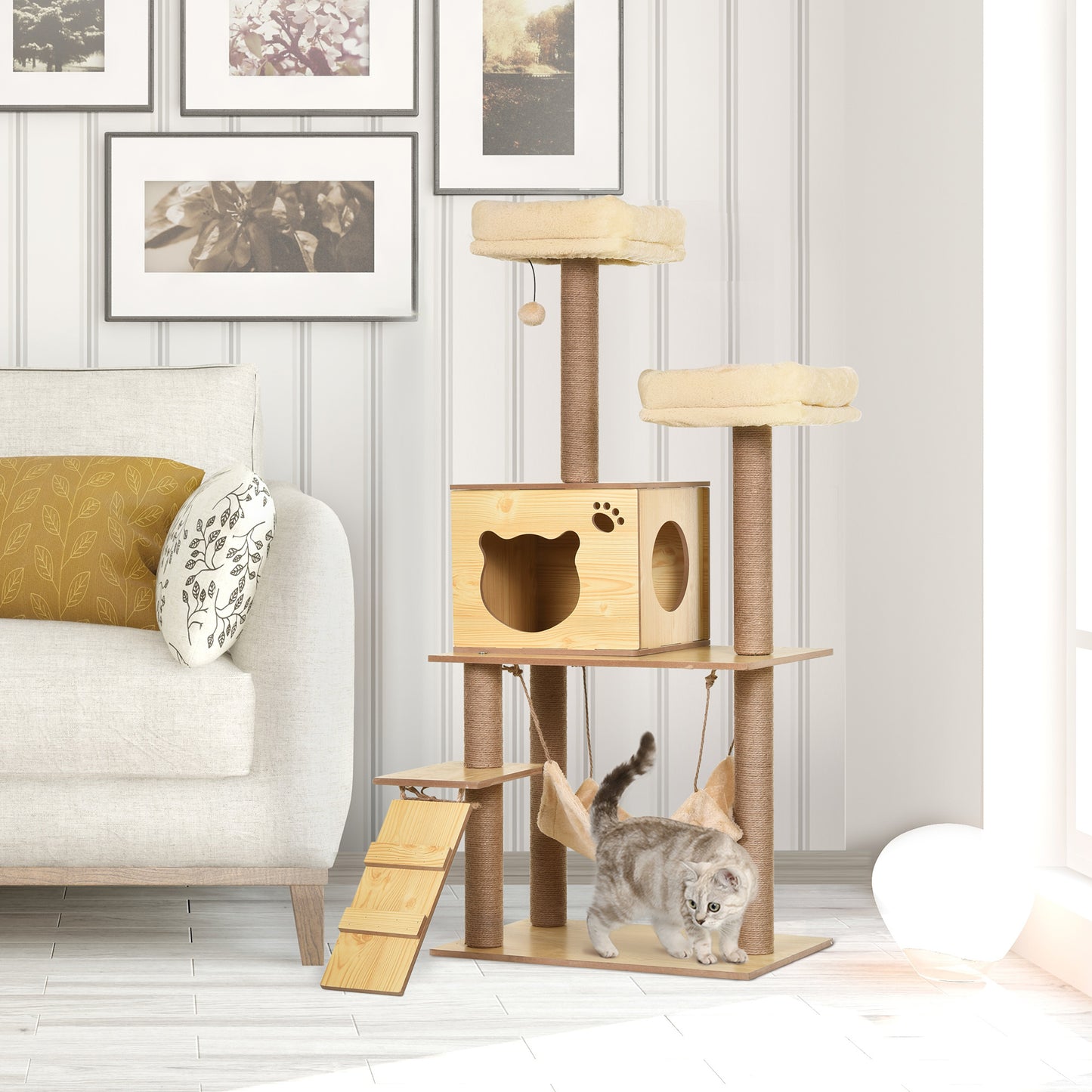 PawHut Árbol Rascador para Gatos Altura 130 cm Torre para Gatos con Postes Rascadores de Yute 2 Camas Hamaca Cueva Bola Colgante y Rampa 60x40x130 cm Natural