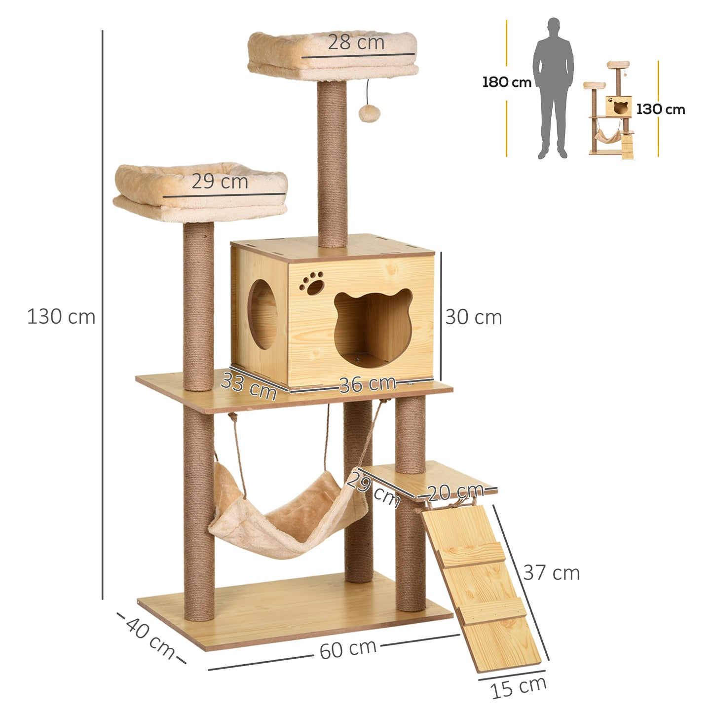 PawHut Árbol Rascador para Gatos Altura 130 cm Torre para Gatos con Postes Rascadores de Yute 2 Camas Hamaca Cueva Bola Colgante y Rampa 60x40x130 cm Natural