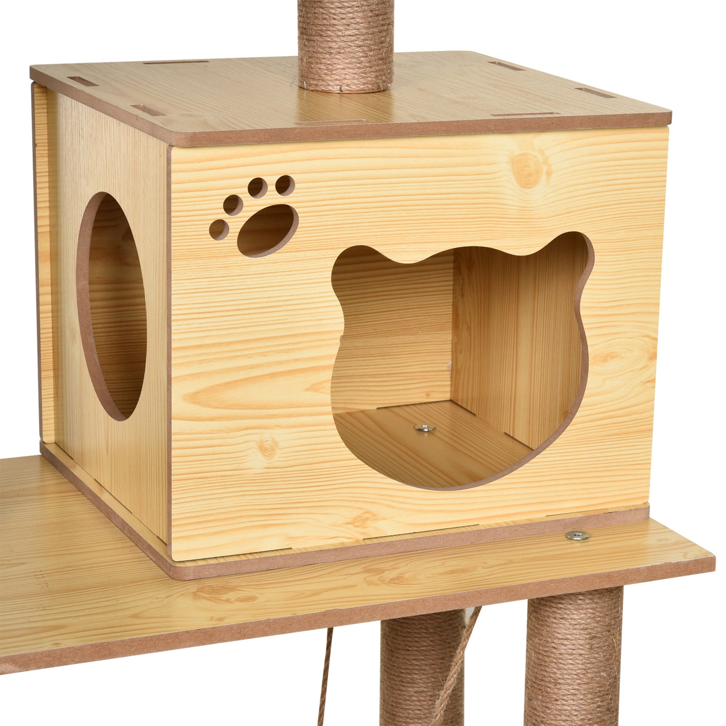 PawHut Árbol Rascador para Gatos Altura 130 cm Torre para Gatos con Postes Rascadores de Yute 2 Camas Hamaca Cueva Bola Colgante y Rampa 60x40x130 cm Natural