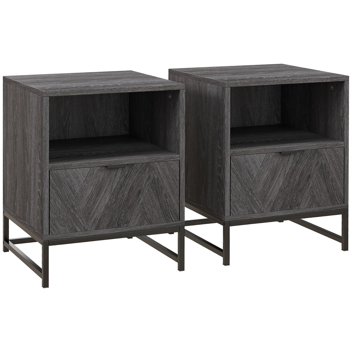 HOMCOM Conjunto de 2 Mesitas de Noche Mesillas de Noche con 1 Cajón Estante Abierto y Patas de Acero Estilo Industrial para Dormitorio Salón Oficina 40x40x52 cm Gris Oscuro