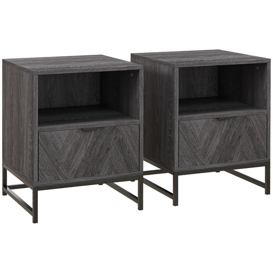 HOMCOM Conjunto de 2 Mesitas de Noche Mesillas de Noche con 1 Cajón Estante Abierto y Patas de Acero Estilo Industrial para Dormitorio Salón Oficina 40x40x52 cm Gris Oscuro