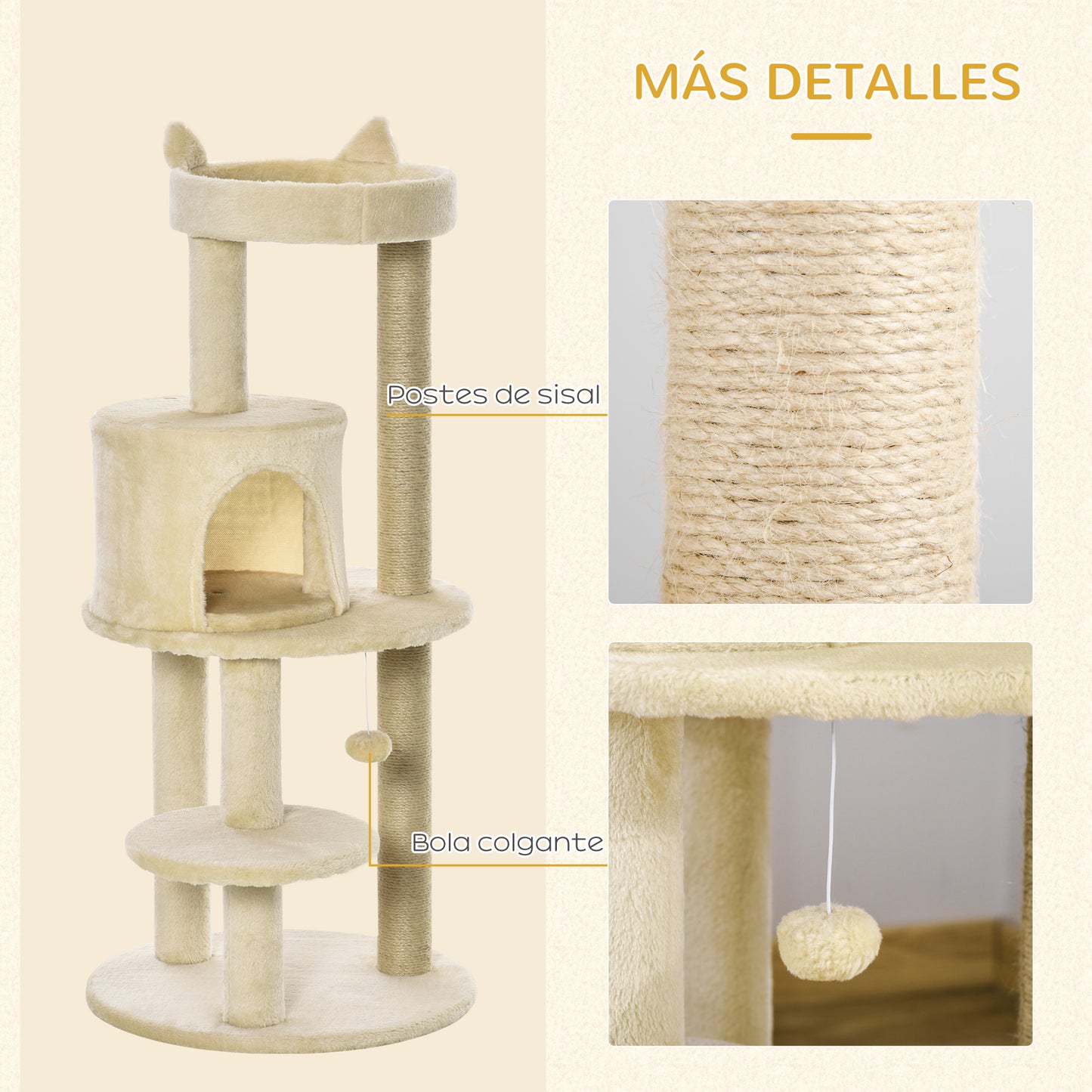 PawHut Árbol Rascador para Gatos de 104 cm Rascador para Gatos con Plataformas Refugio Postes de Sisal y Bola Colgante 48x48x104 cm Crema