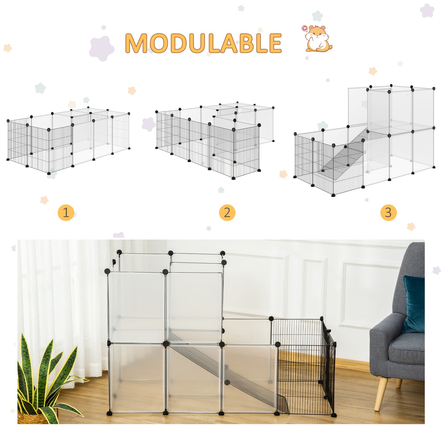 PawHut Valla para Animales Pequeños DIY con 21 Paneles de Resina y 6 Paneles de Alambre Jaula Modular de Plástico para Cobayas Conejos 140x70x90 cm Translúcido y Negro