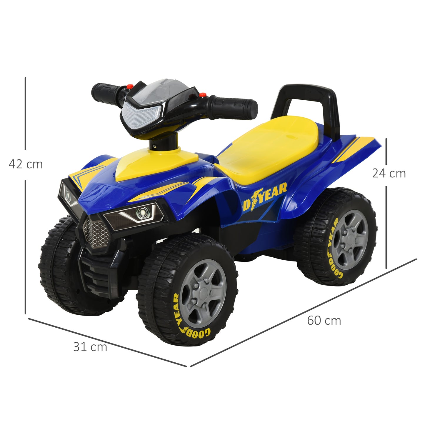 HOMCOM Quad Correpasillos para Niños 18-36 Meses Coche Cuatrimoto con Funciones de Luces Bocina y Espacio Secreto de Almacenaje 60x31x42 cm Azul