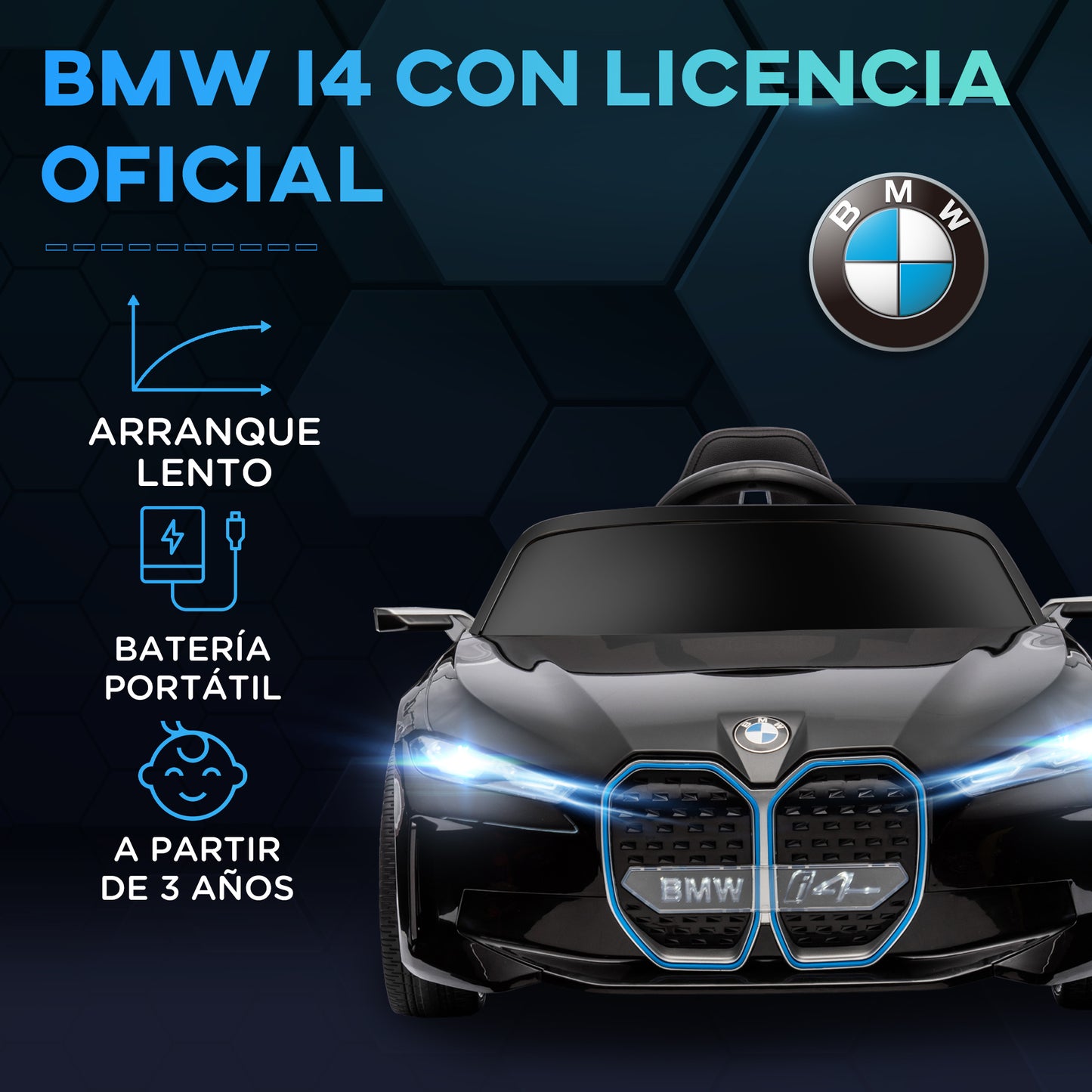 HOMCOM Coche Eléctrico para Niños 37-72 Meses Autorización BMW I4 Coche de Batería 12V con Control Remoto Música MP3 Pantalla Luces y Cinturón de Seguridad 115x67x45 cm Negro