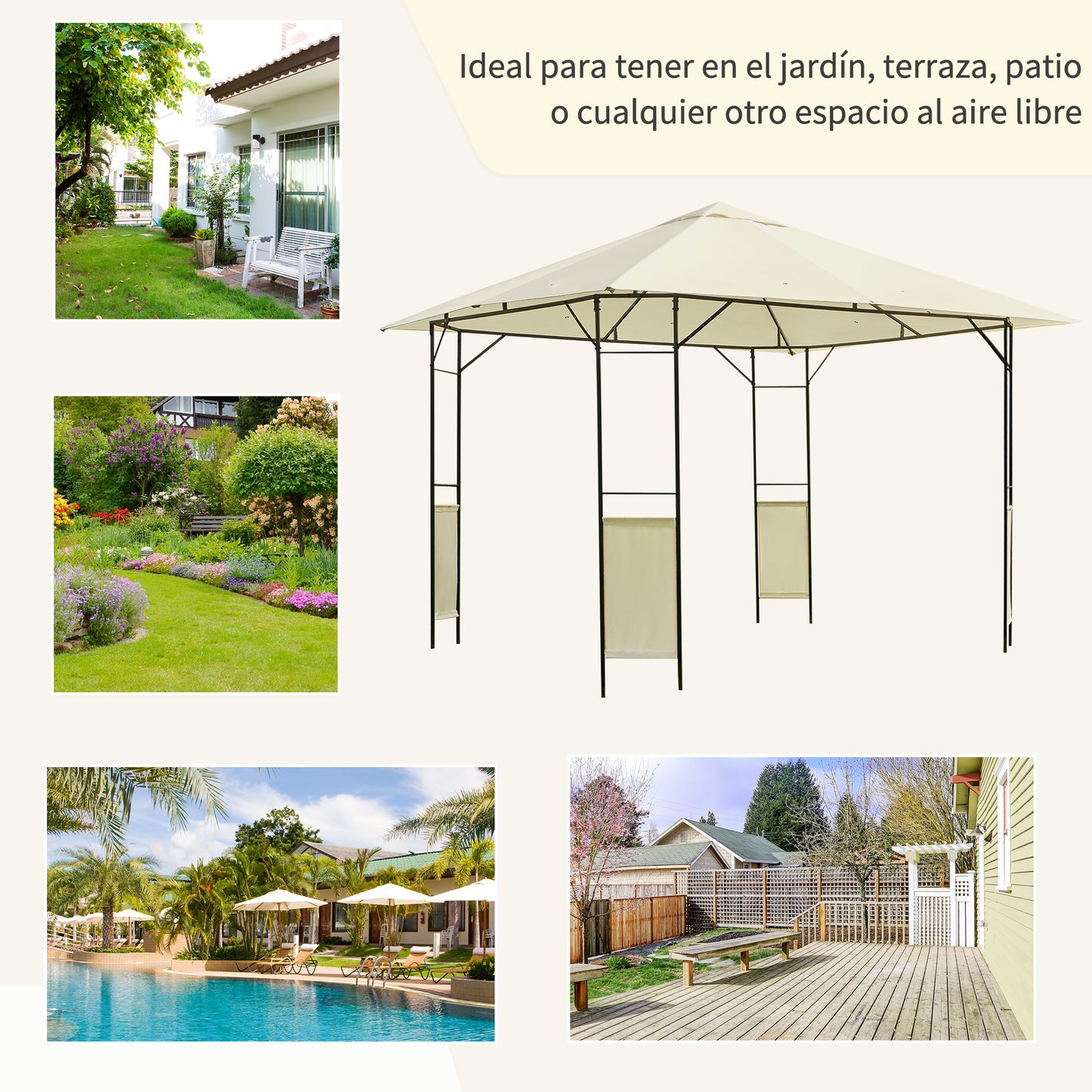 Outsunny Cenador de Jardín 3x3x2,6 m Pabellón de Exterior Gazebo con Marco de Acero y 8 Orificios de Drenaje Impermeable para Patio Crema