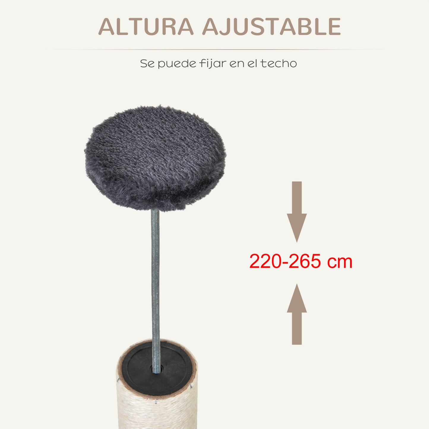 PawHut Árbol Rascador para Gatos de 220-265 cm Altura Ajustable al Techo con Plataformas Bolas de Juego Poste de Sisal Natural Gris Oscuro