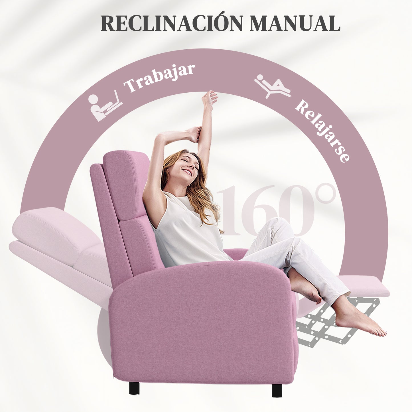 HOMCOM Sillón Relax Reclinable Manual Sillón Relax Tapizado en Lino Sintético con Reposapiés Carga 120 kg Sillón Reclinable para Dormitorio Oficina Rosa