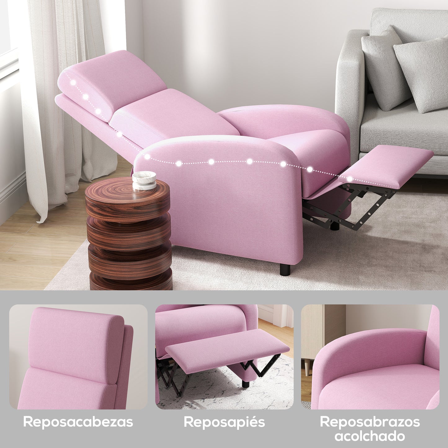 HOMCOM Sillón Relax Reclinable Manual Sillón Relax Tapizado en Lino Sintético con Reposapiés Carga 120 kg Sillón Reclinable para Dormitorio Oficina Rosa